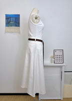 Woven Belt Raw Edge Denim Straight Midi Skirt