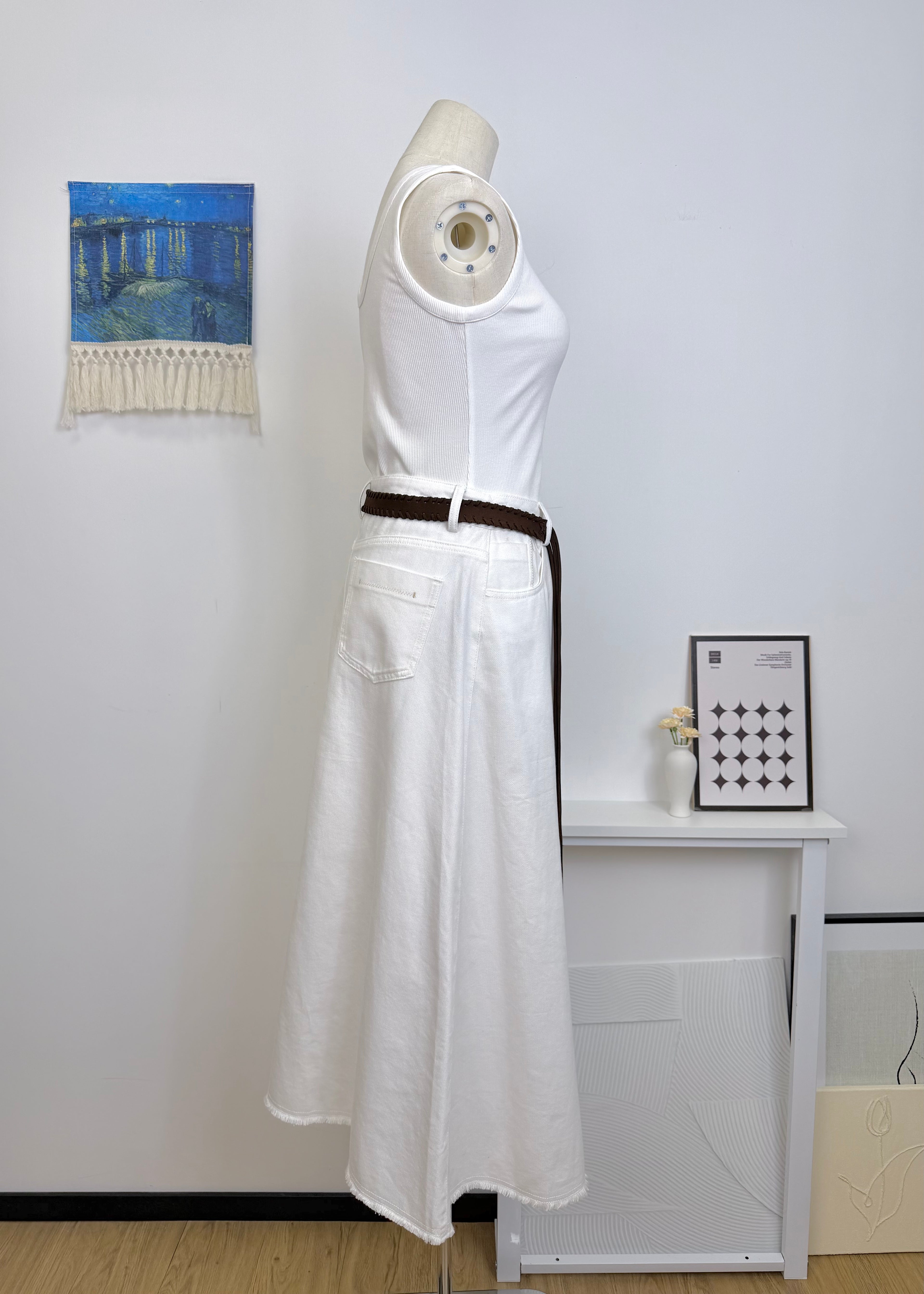 Woven Belt Raw Edge Denim Straight Midi Skirt