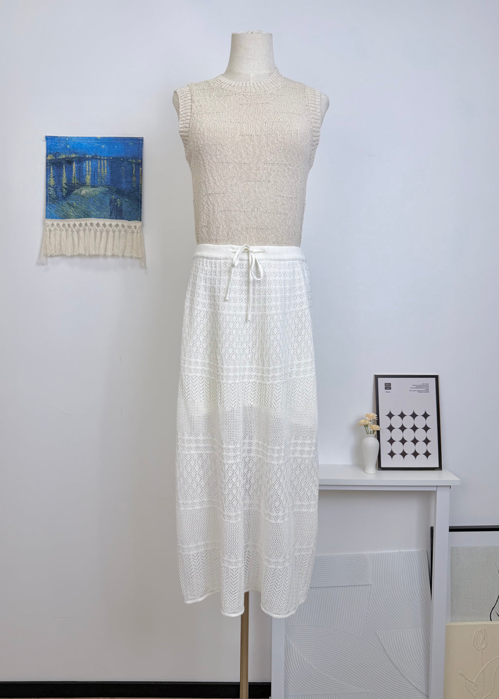 Diamond Hollow Knit Drawstring Summer Midi Dress