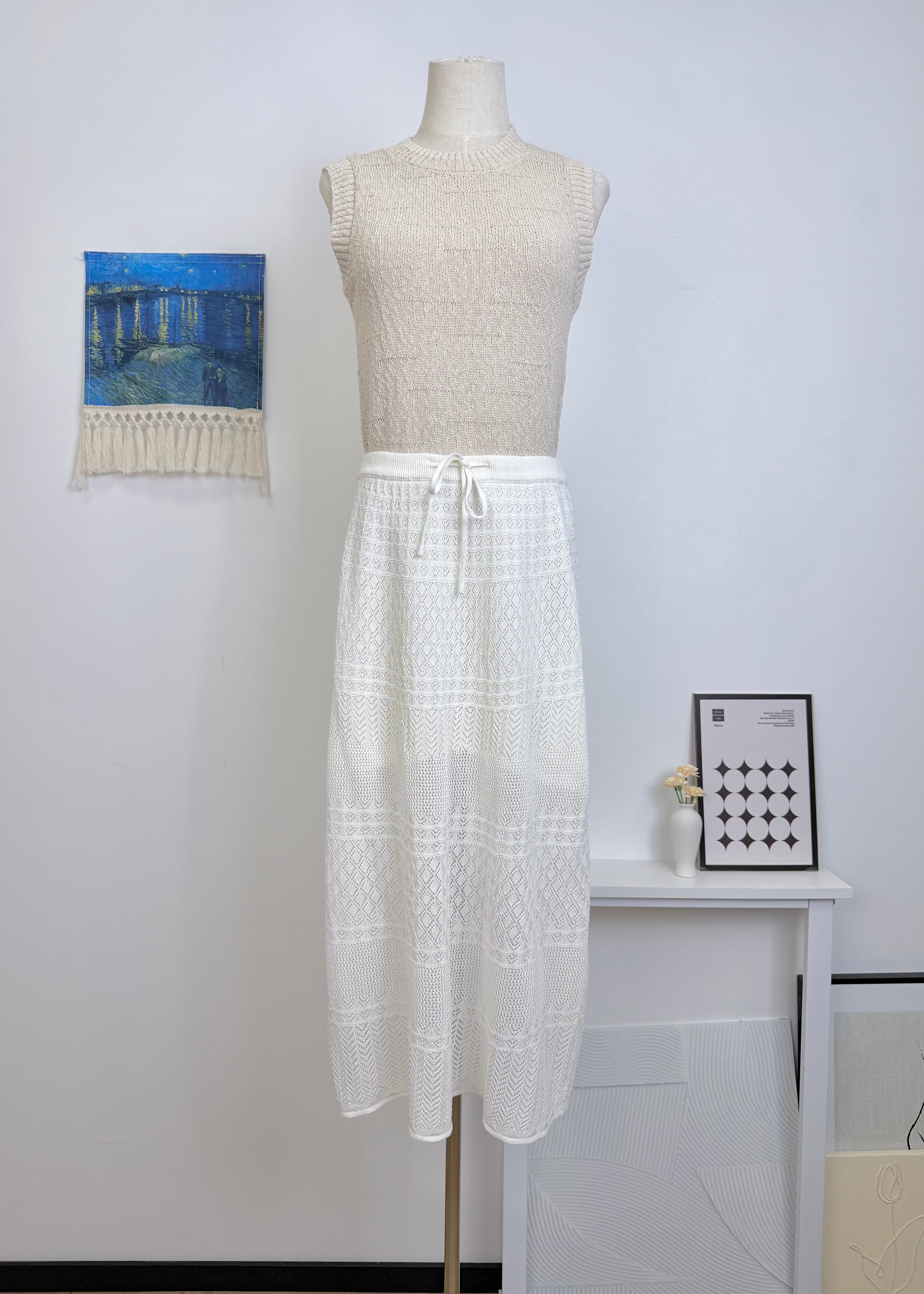 Diamond Hollow Knit Drawstring Summer Midi Dress