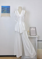 Cotton-linen sleeveless V-neck tie-front irregular top + wide-leg pants set