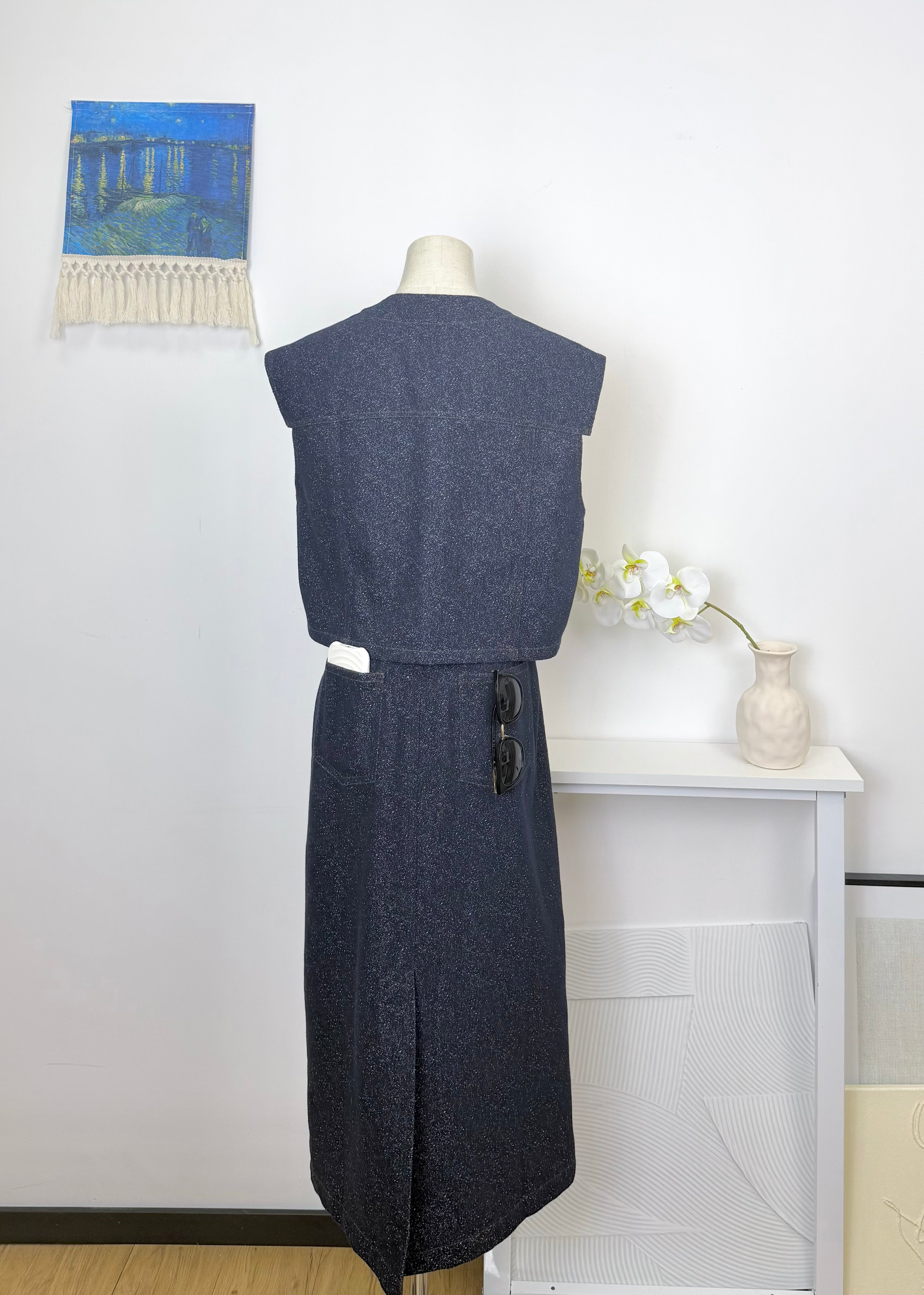 Oversized Crop Denim Top & Slit Midi Skirt Set