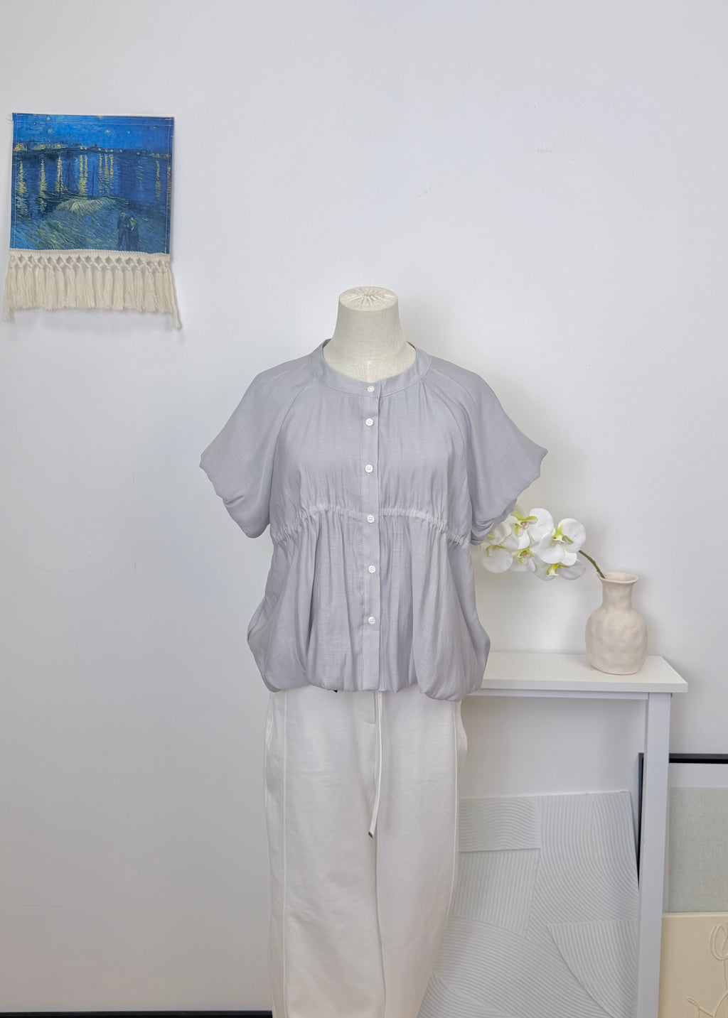 Waist Gathered Puff Sleeve Cropped Shirt