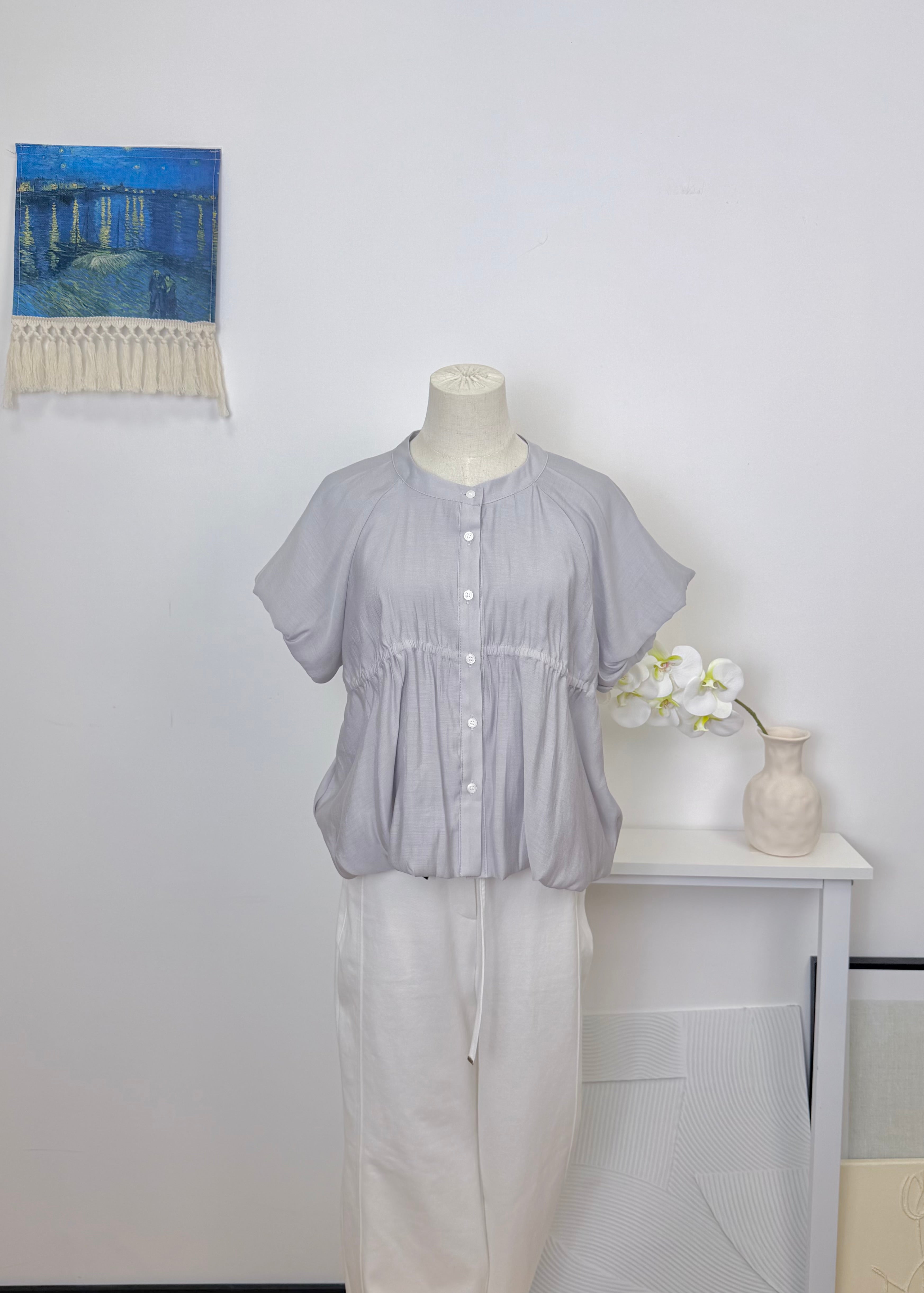 Waist Gathered Puff Sleeve Cropped Shirt