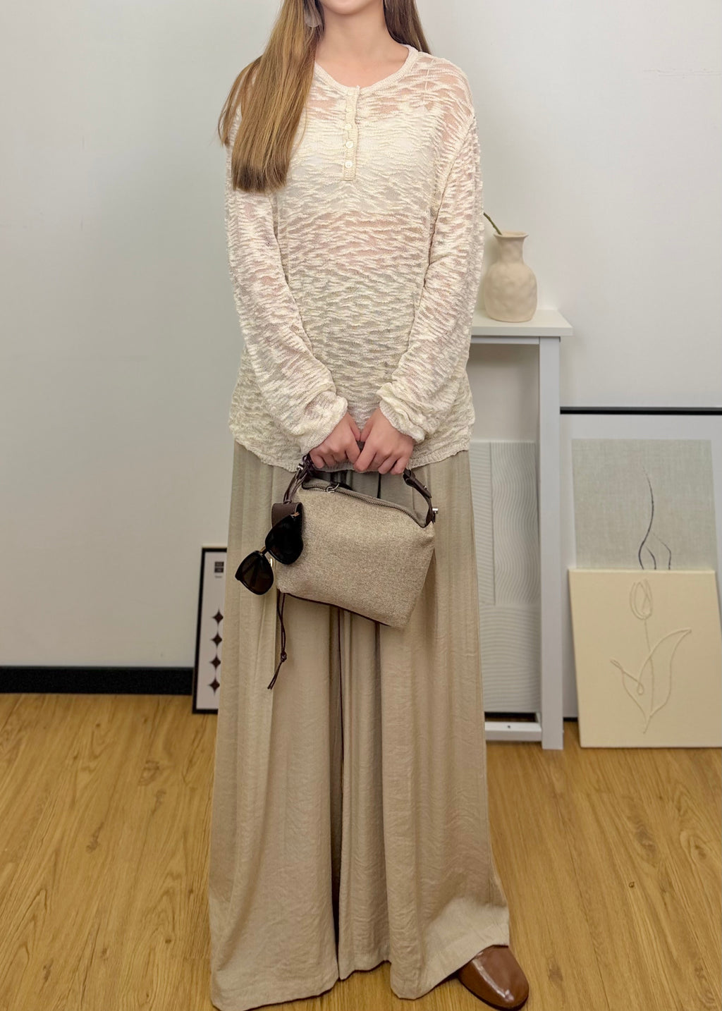 Textured Drape Wide Leg Long Pants
