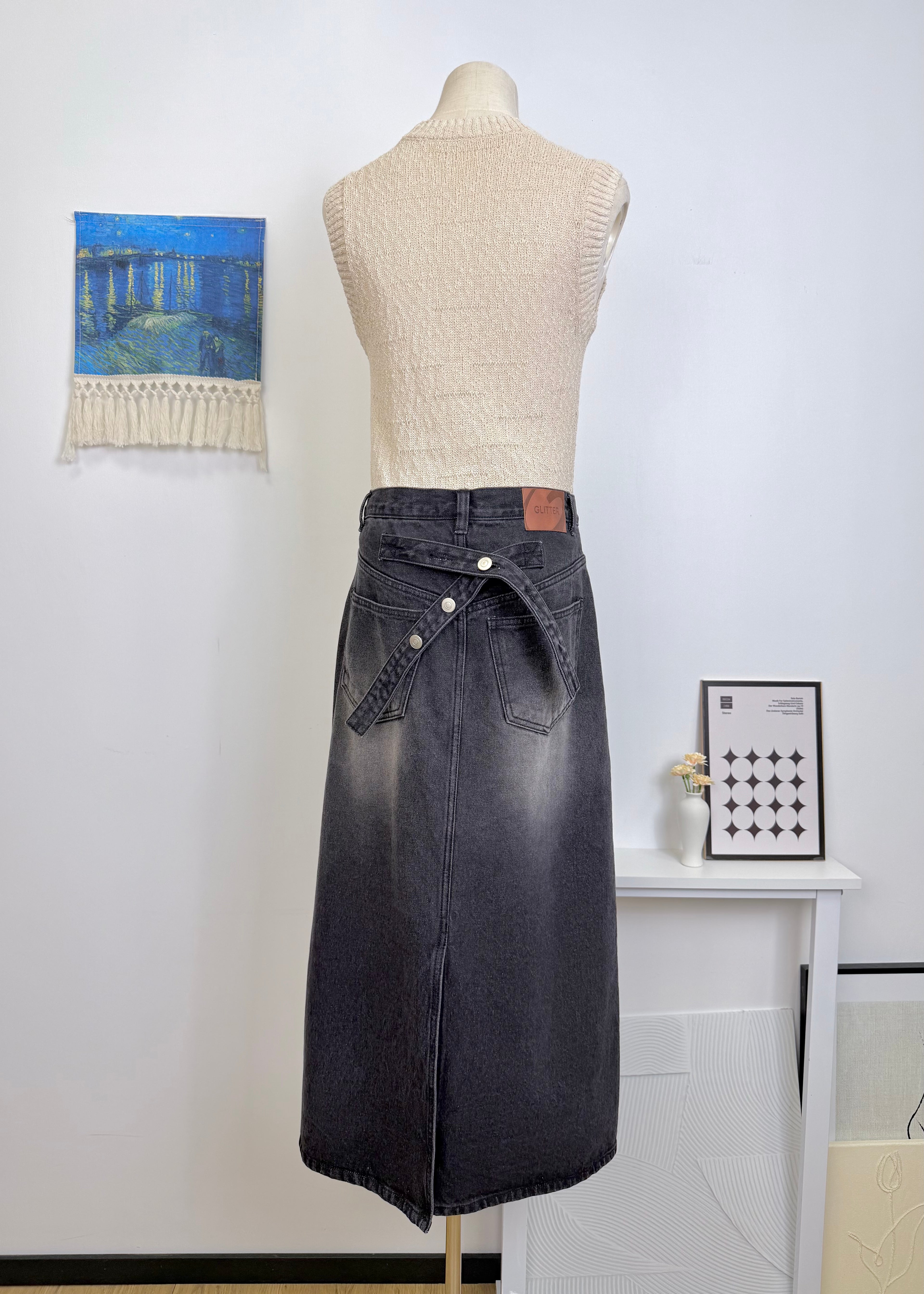 Gradient Washed Black Denim Skirt