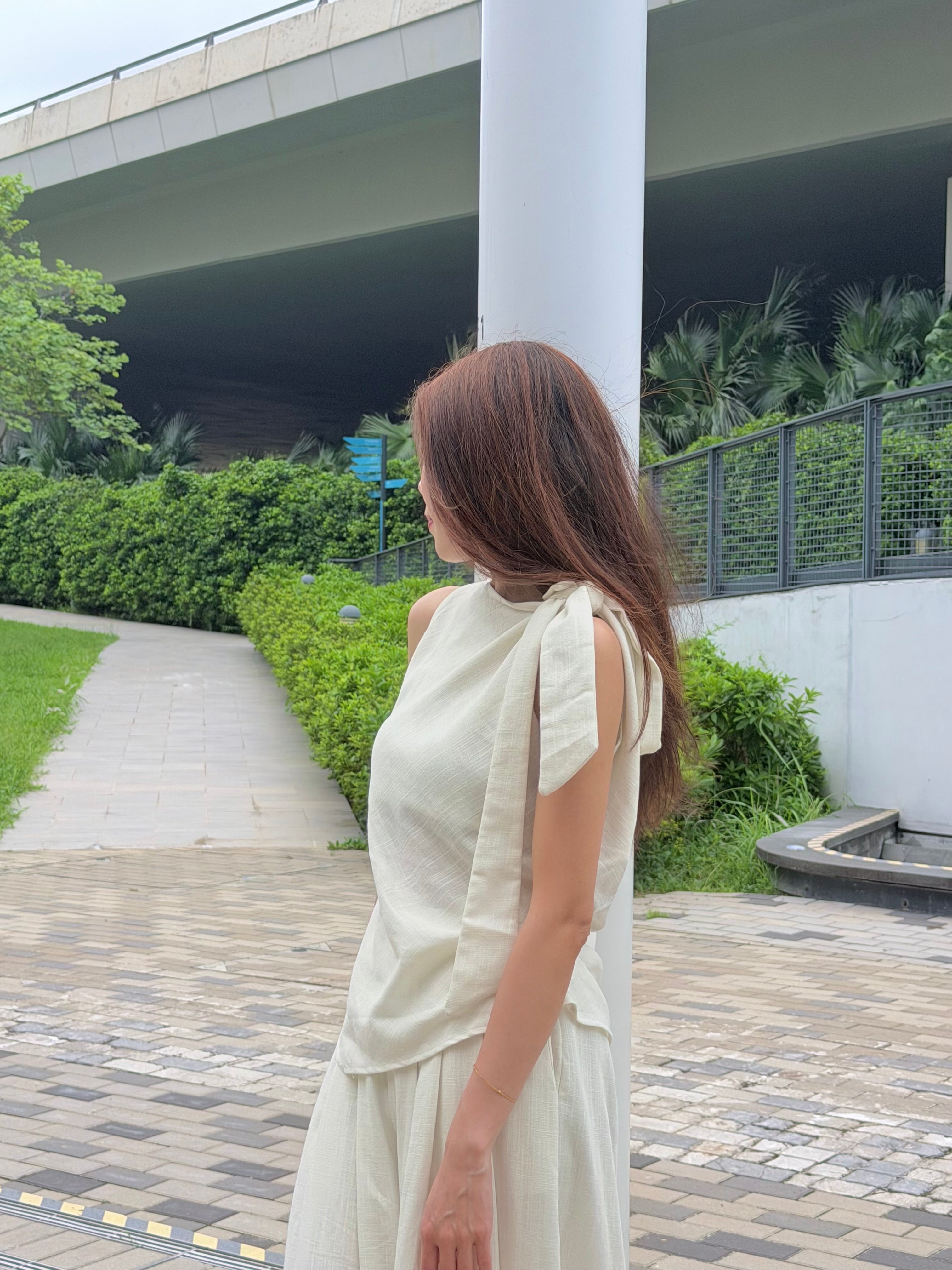 Cotton-linen Bow Two-Piece Set