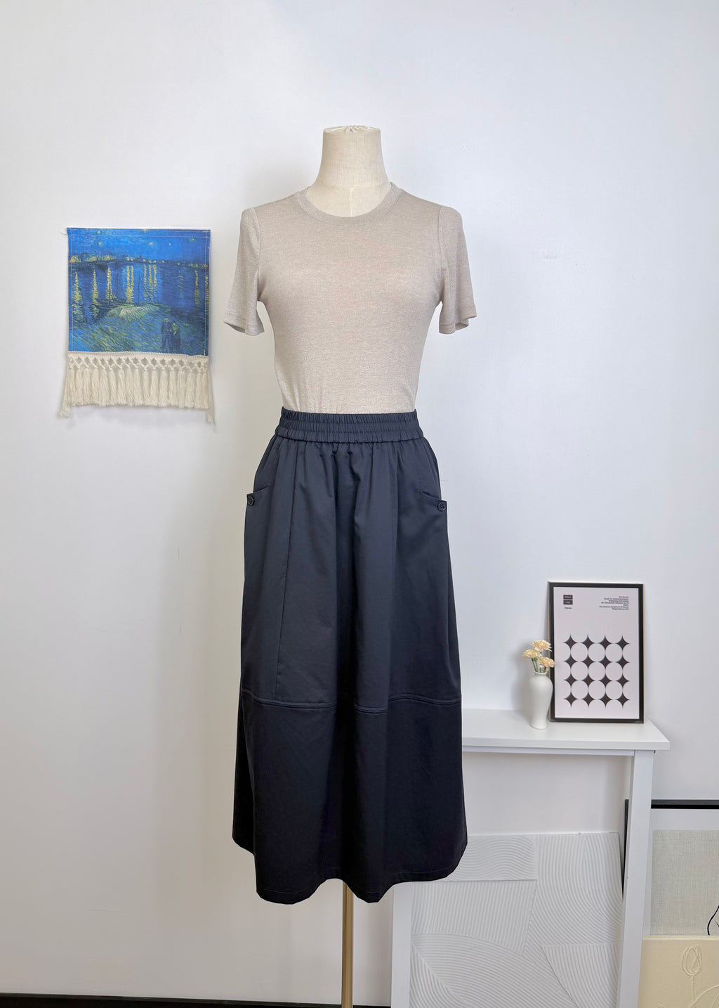 Full Elastic Waist Pocket A-Line Midi Skirt