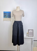 Full Elastic Waist Pocket A-Line Midi Skirt