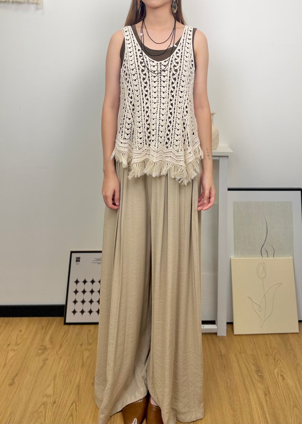 Textured Drape Wide Leg Long Pants