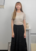 Embroidery Elastic Waist Midi Skirt