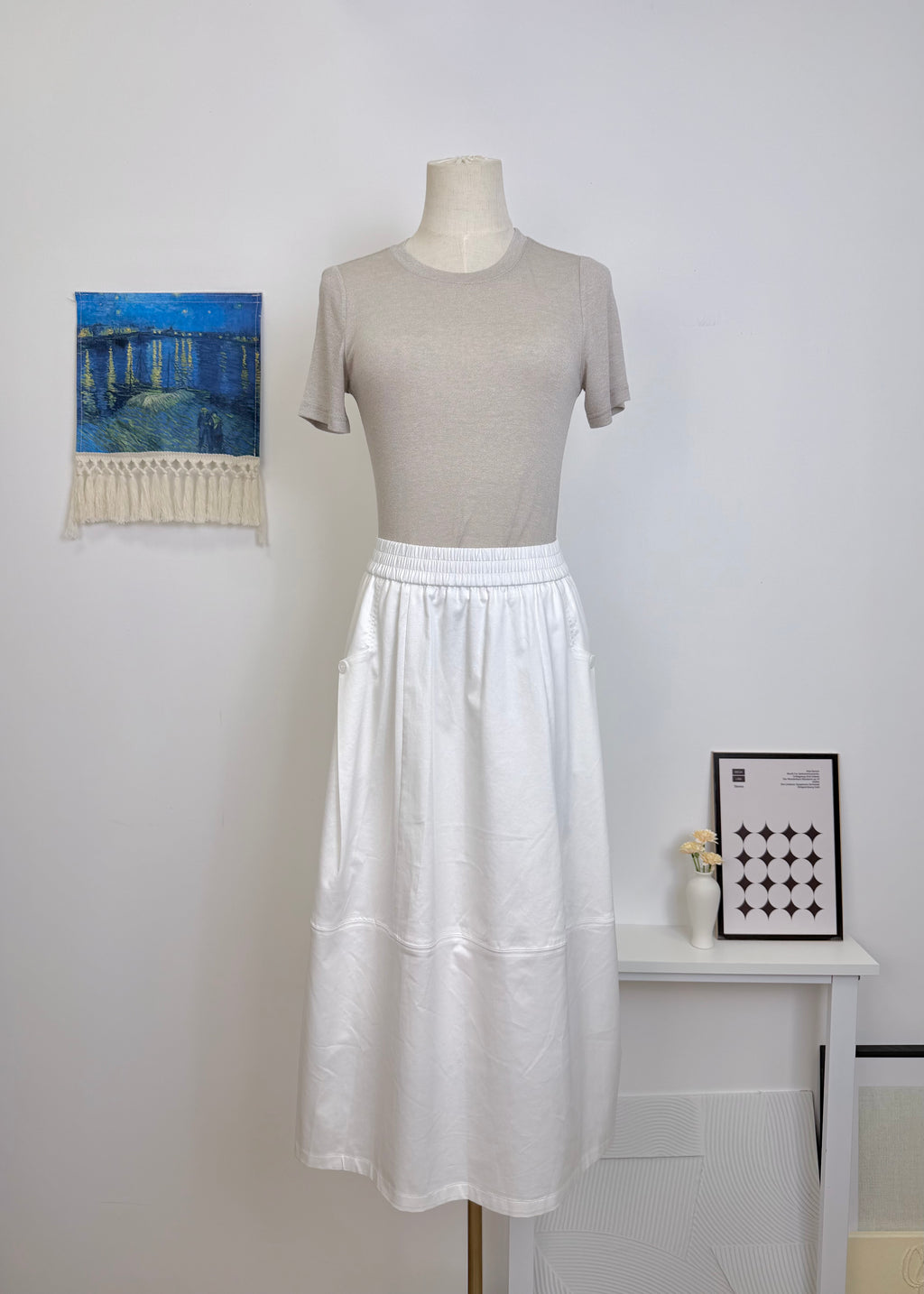 Full Elastic Waist Pocket A-Line Midi Skirt