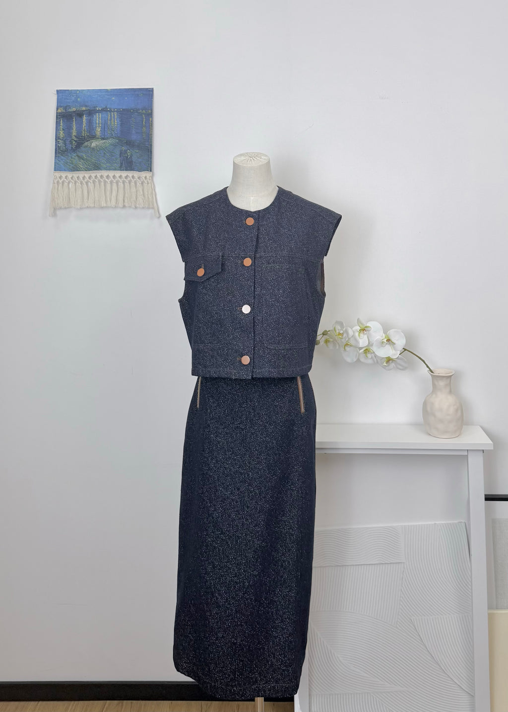 Oversized Crop Denim Top & Slit Midi Skirt Set