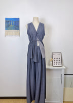Cotton-linen sleeveless V-neck tie-front irregular top + wide-leg pants set