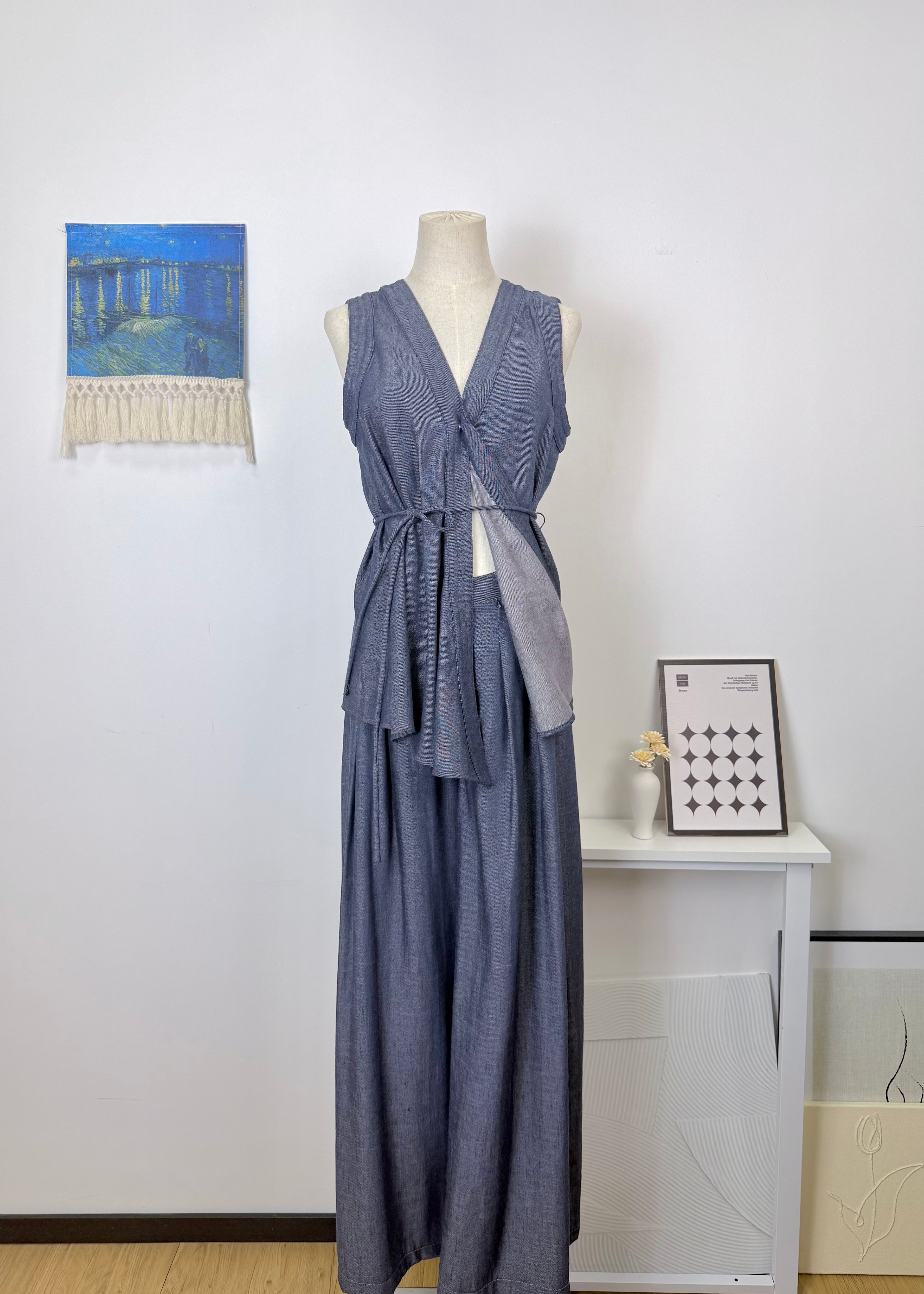 Cotton-linen sleeveless V-neck tie-front irregular top + wide-leg pants set