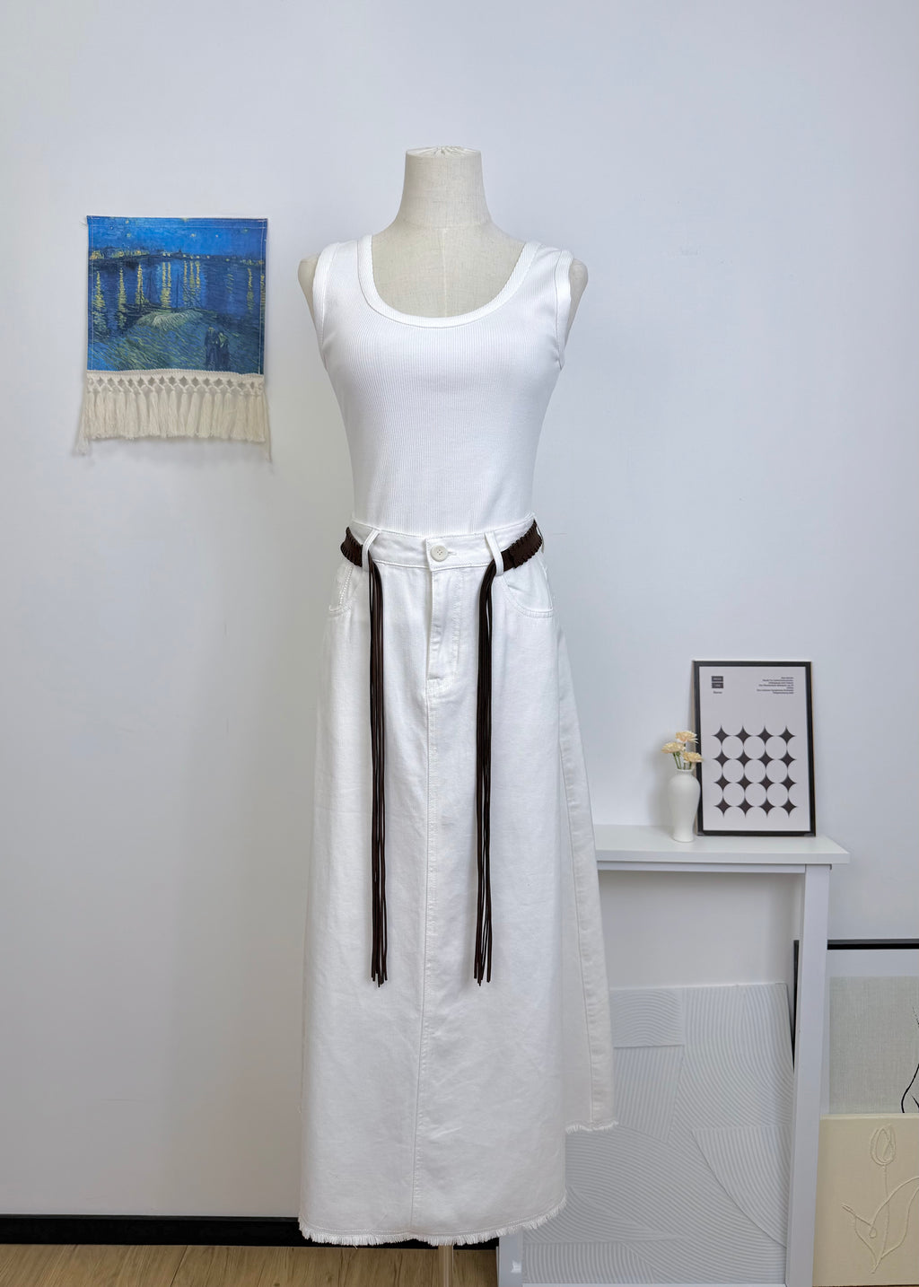Woven Belt Raw Edge Denim Straight Midi Skirt
