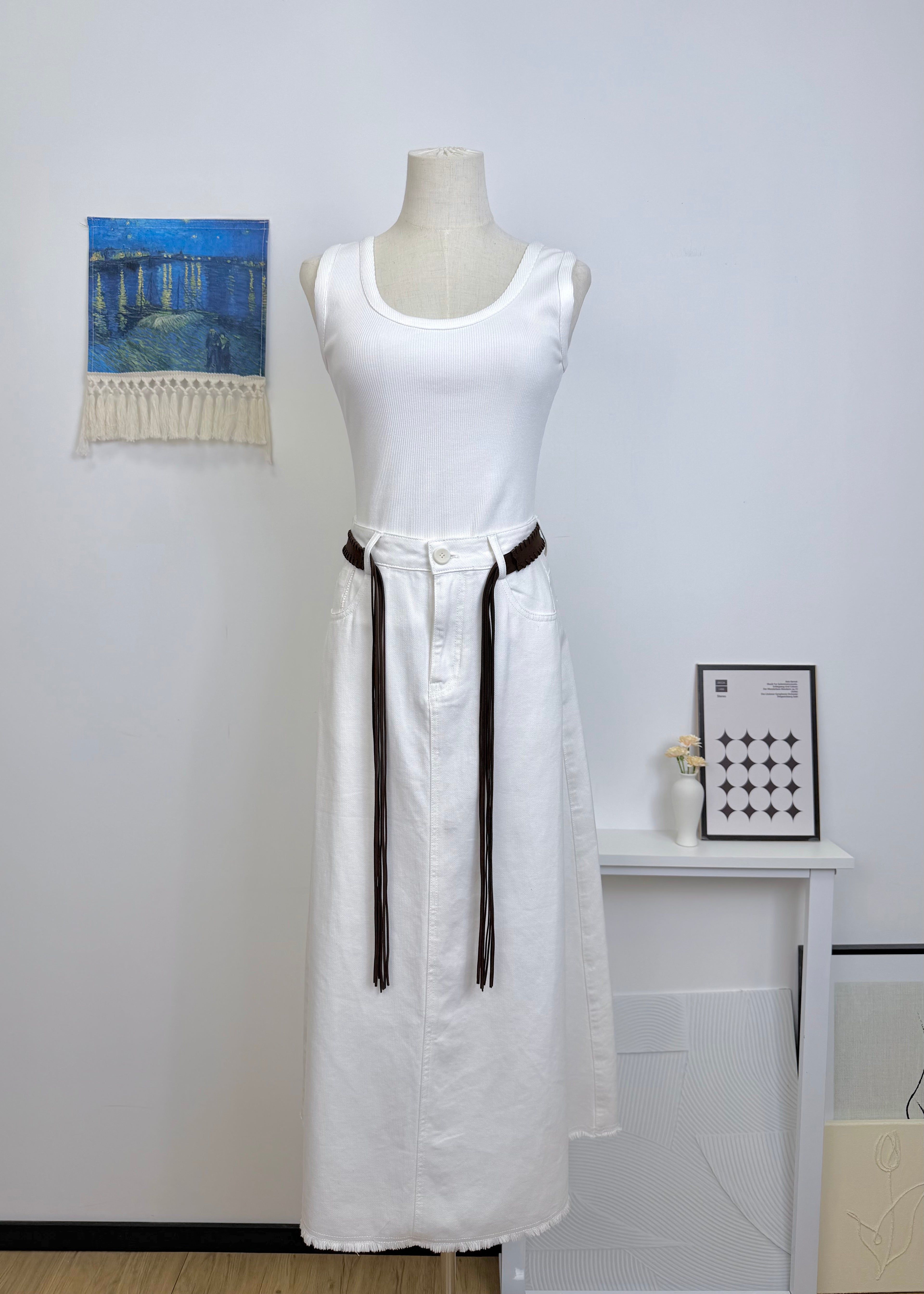 Woven Belt Raw Edge Denim Straight Midi Skirt