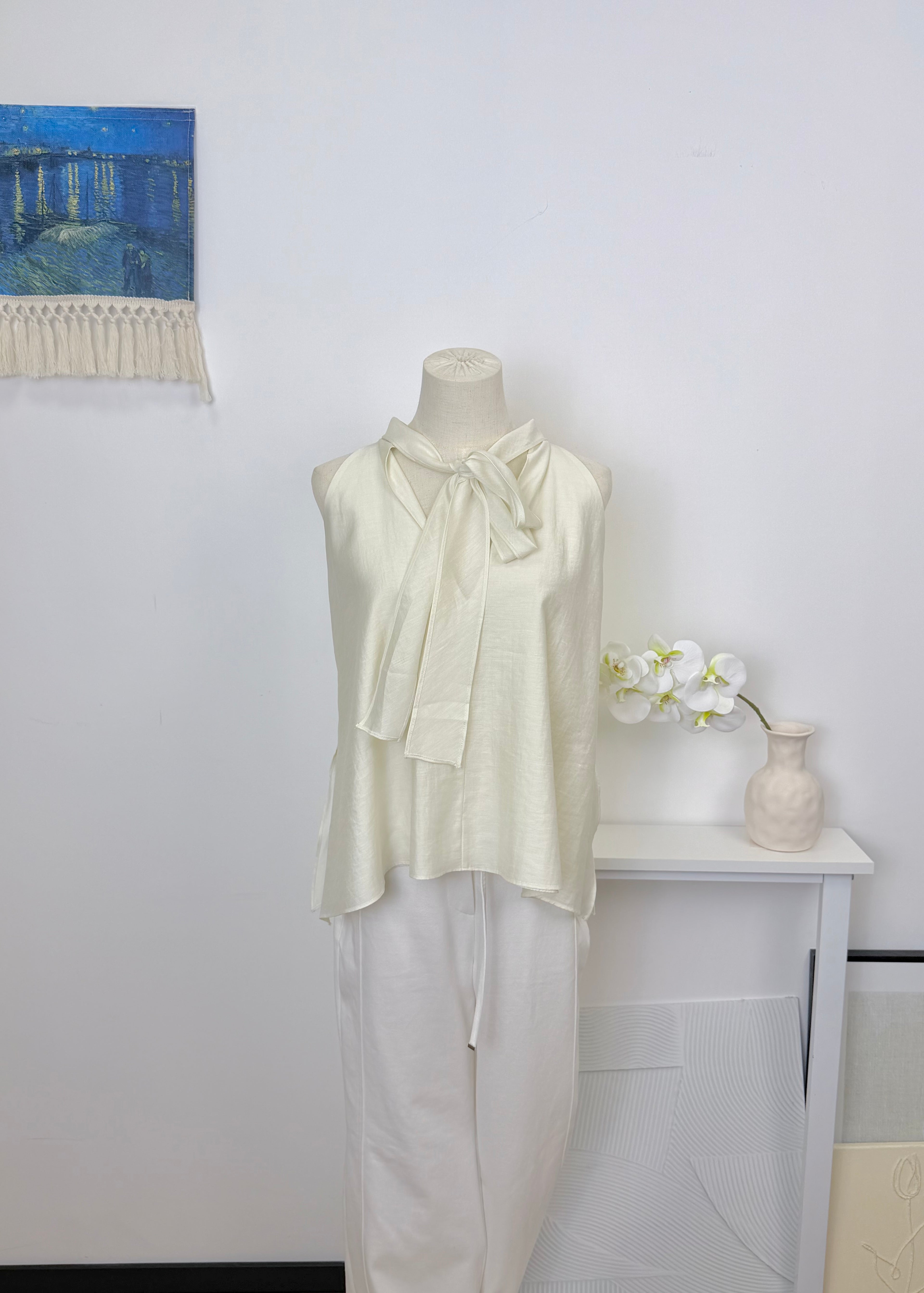 Neck Tie Linen Blouse