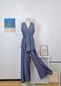 Cotton-linen sleeveless V-neck tie-front irregular top + wide-leg pants set