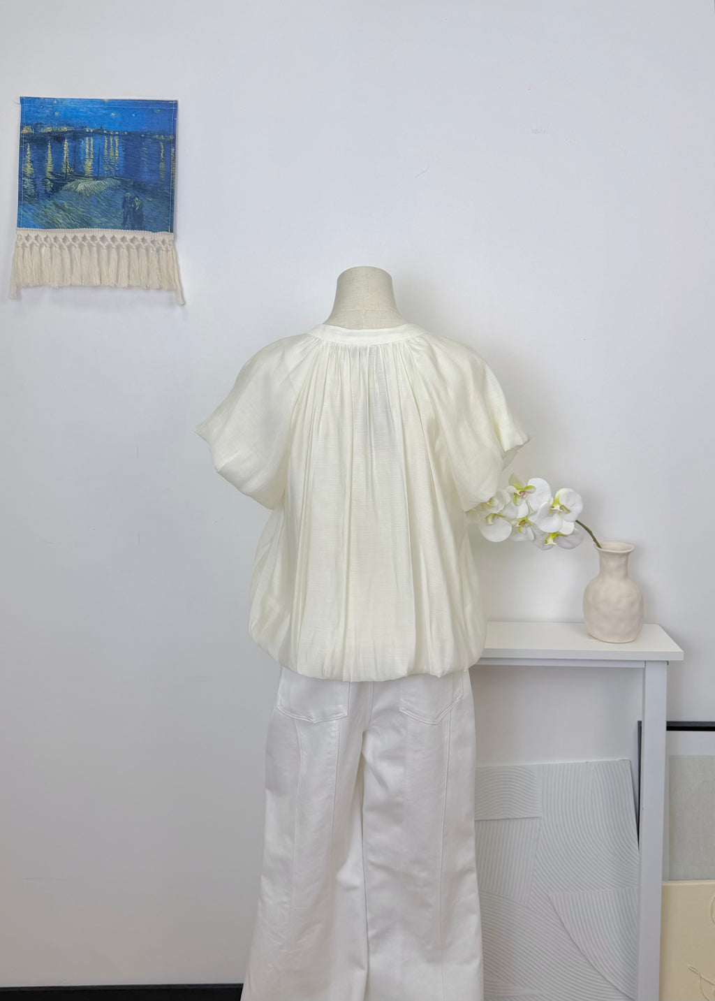 Waist Gathered Puff Sleeve Cropped Shirt