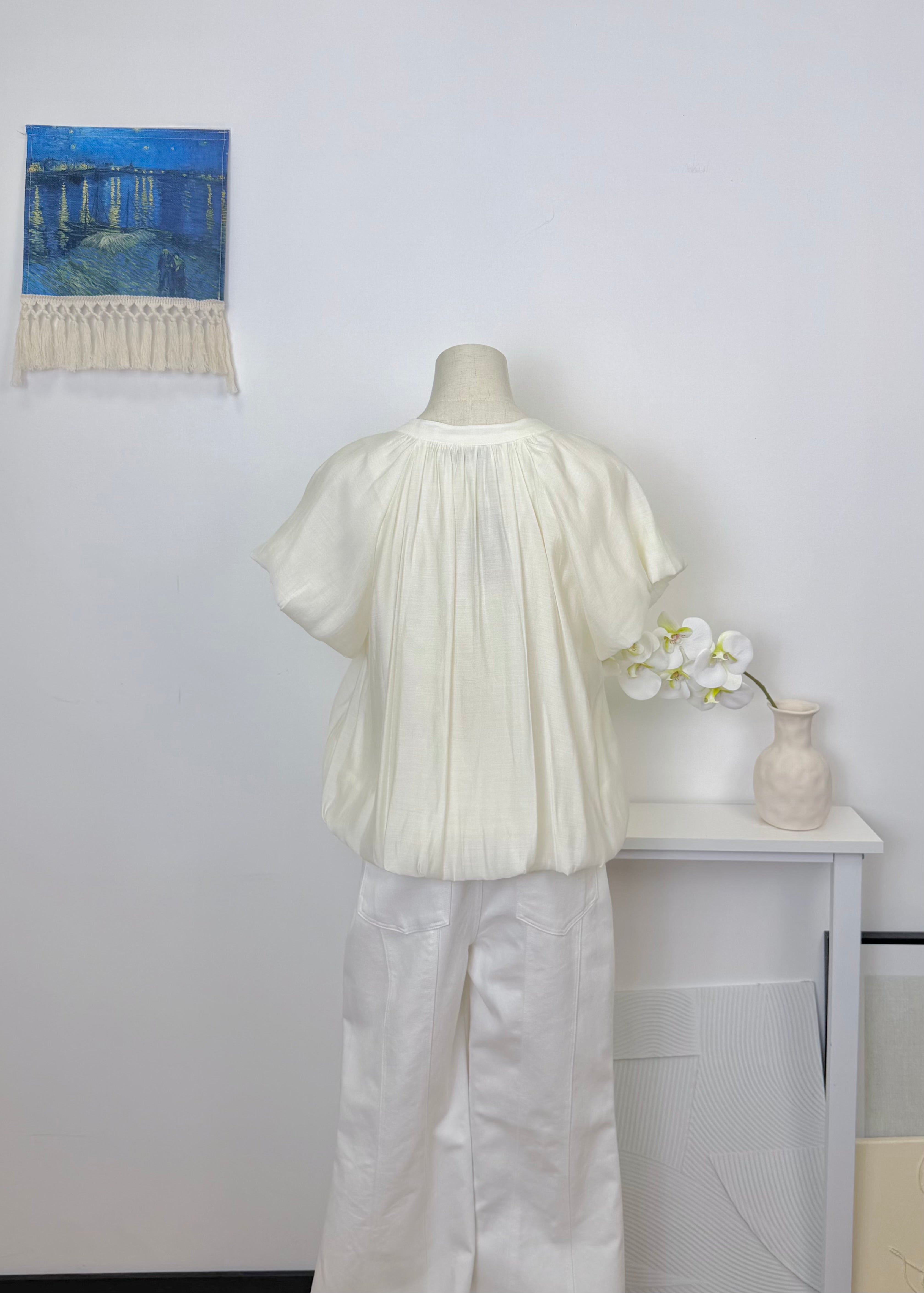 Waist Gathered Puff Sleeve Cropped Shirt