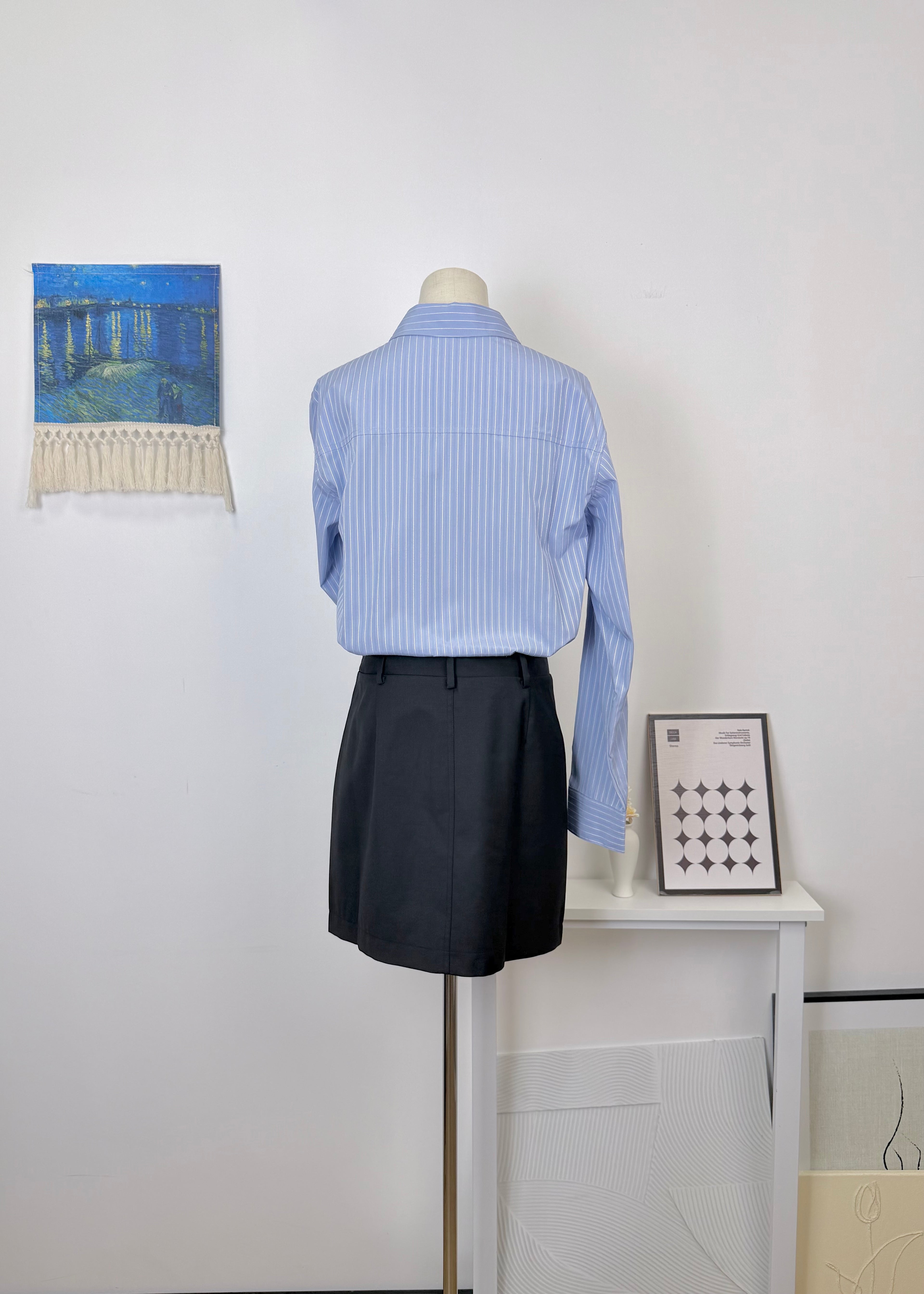 Blue & White Vertical Stripe Fake Two-Piece Shirt Dress