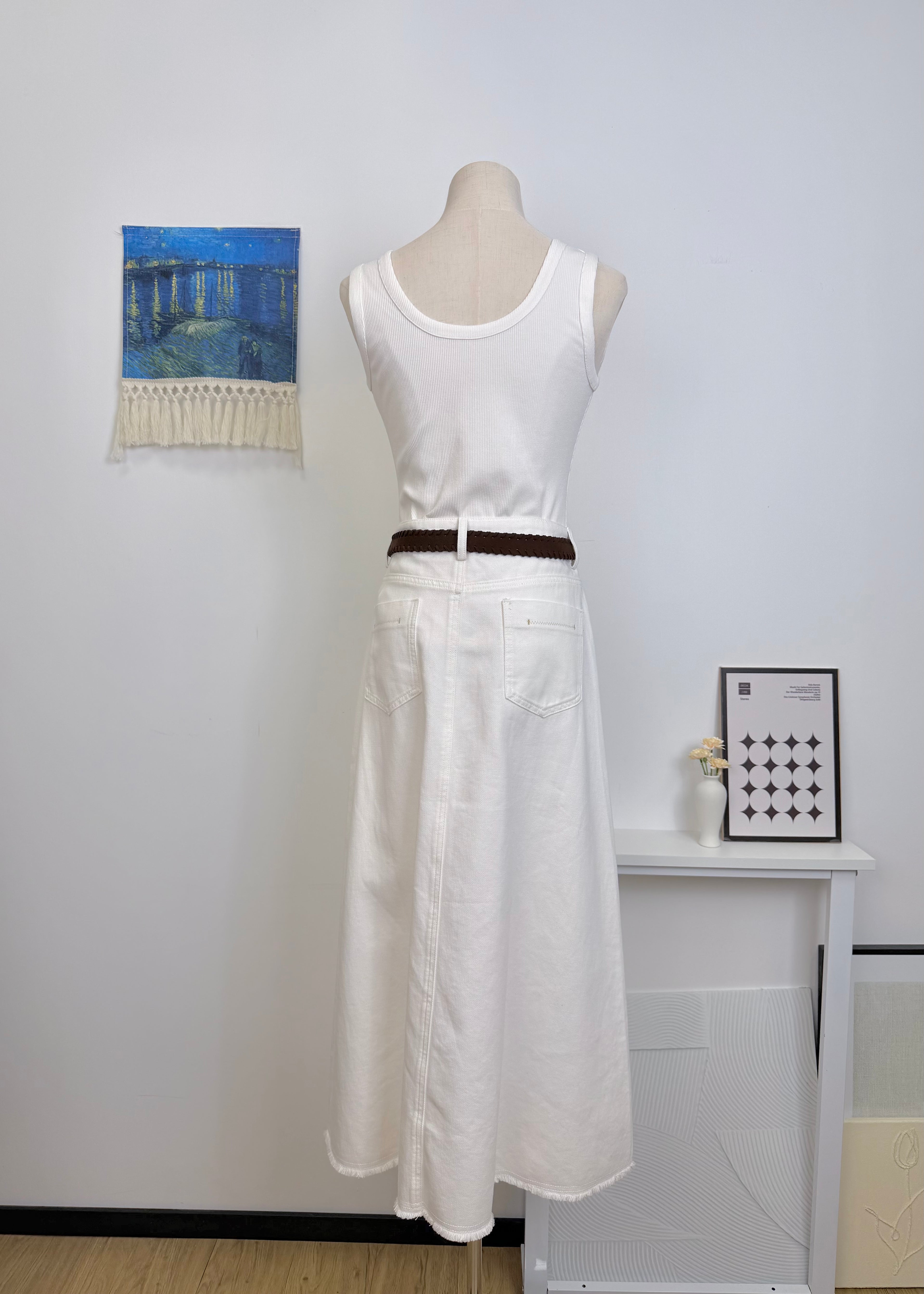 Woven Belt Raw Edge Denim Straight Midi Skirt