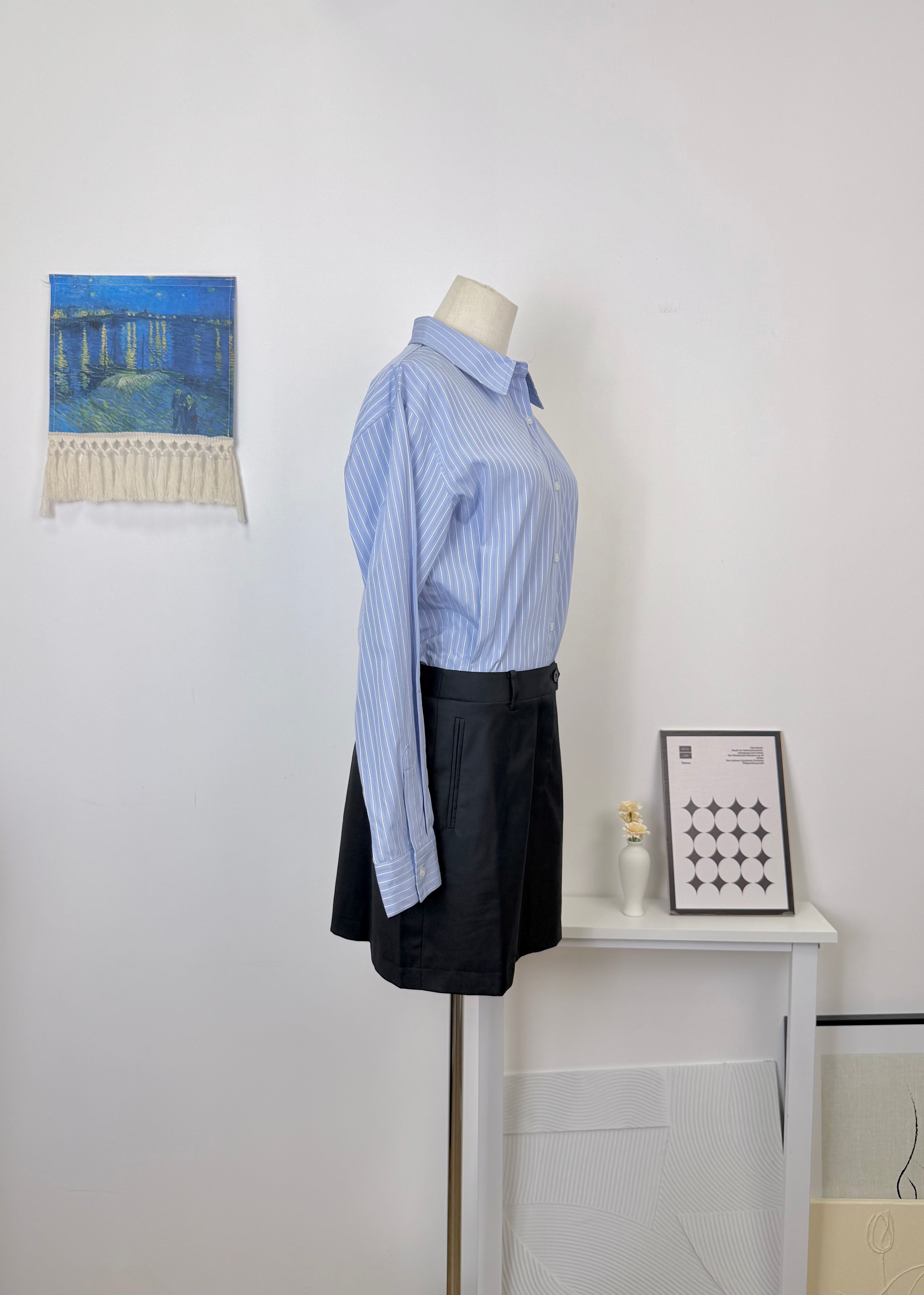 Blue & White Vertical Stripe Fake Two-Piece Shirt Dress