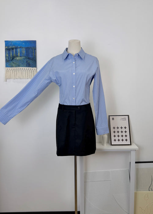 Blue & White Vertical Stripe Fake Two-Piece Shirt Dress