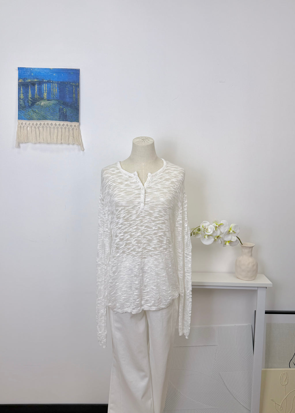 Crinkle Sheer Knit Long Sleeve Top