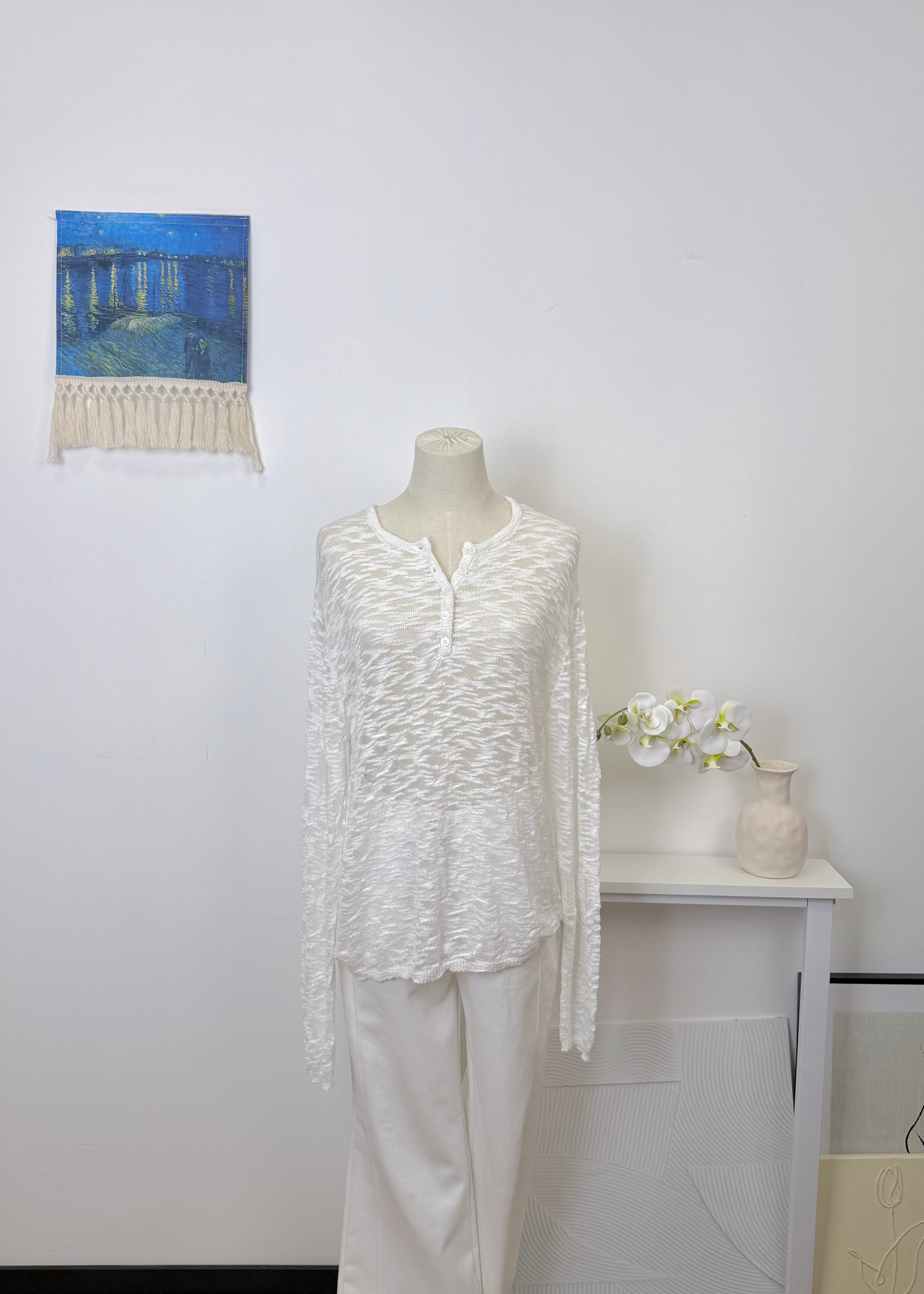 Crinkle Sheer Knit Long Sleeve Top
