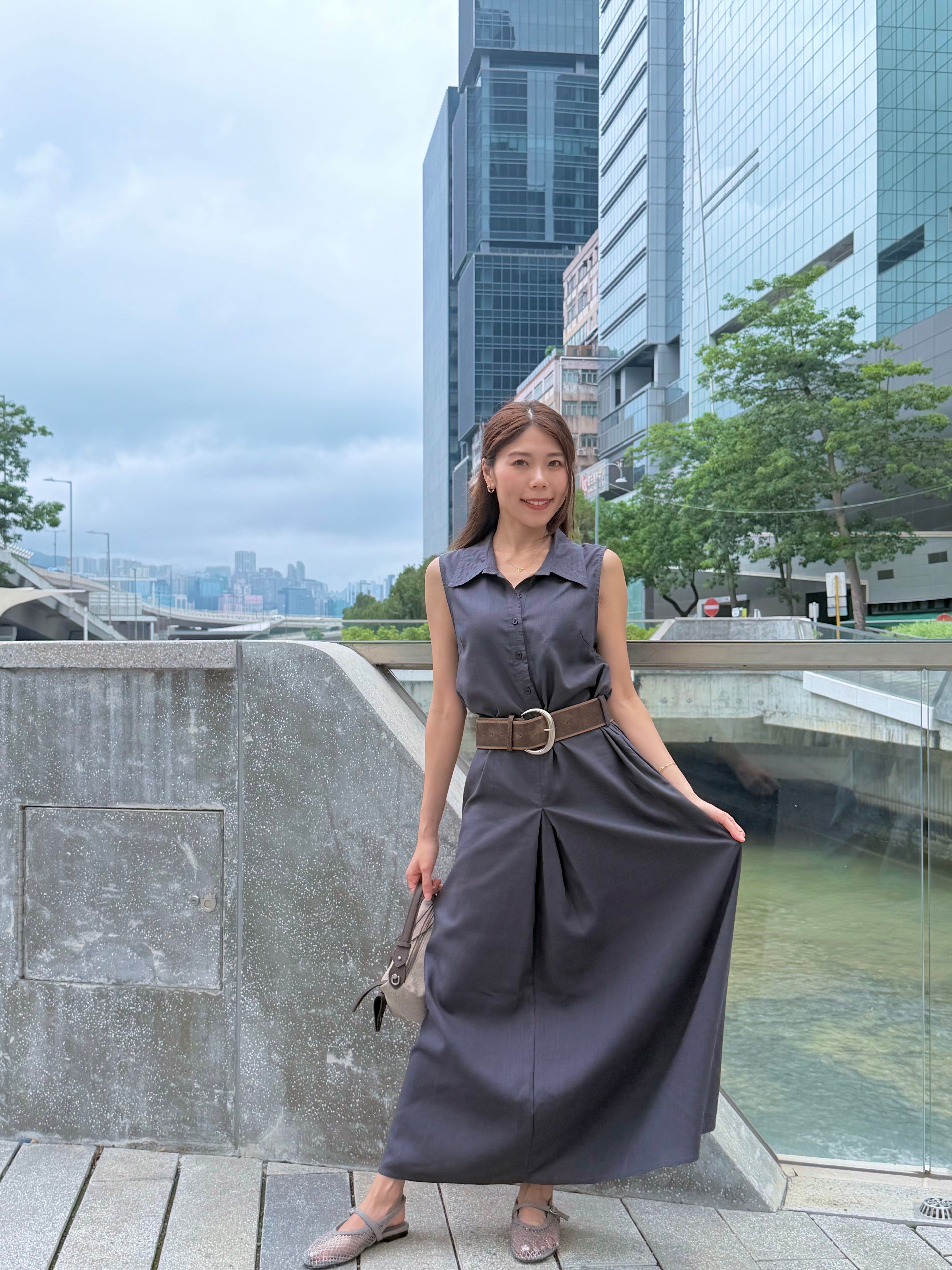 Collared Pleated Maxi Dress with Belt