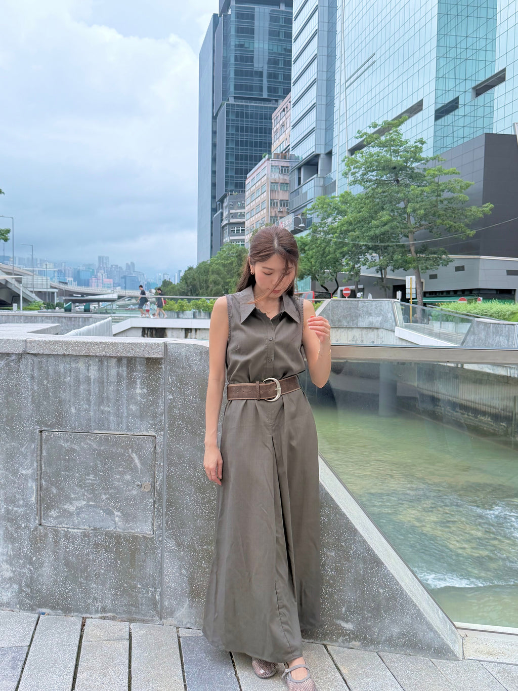 Collared Pleated Maxi Dress with Belt