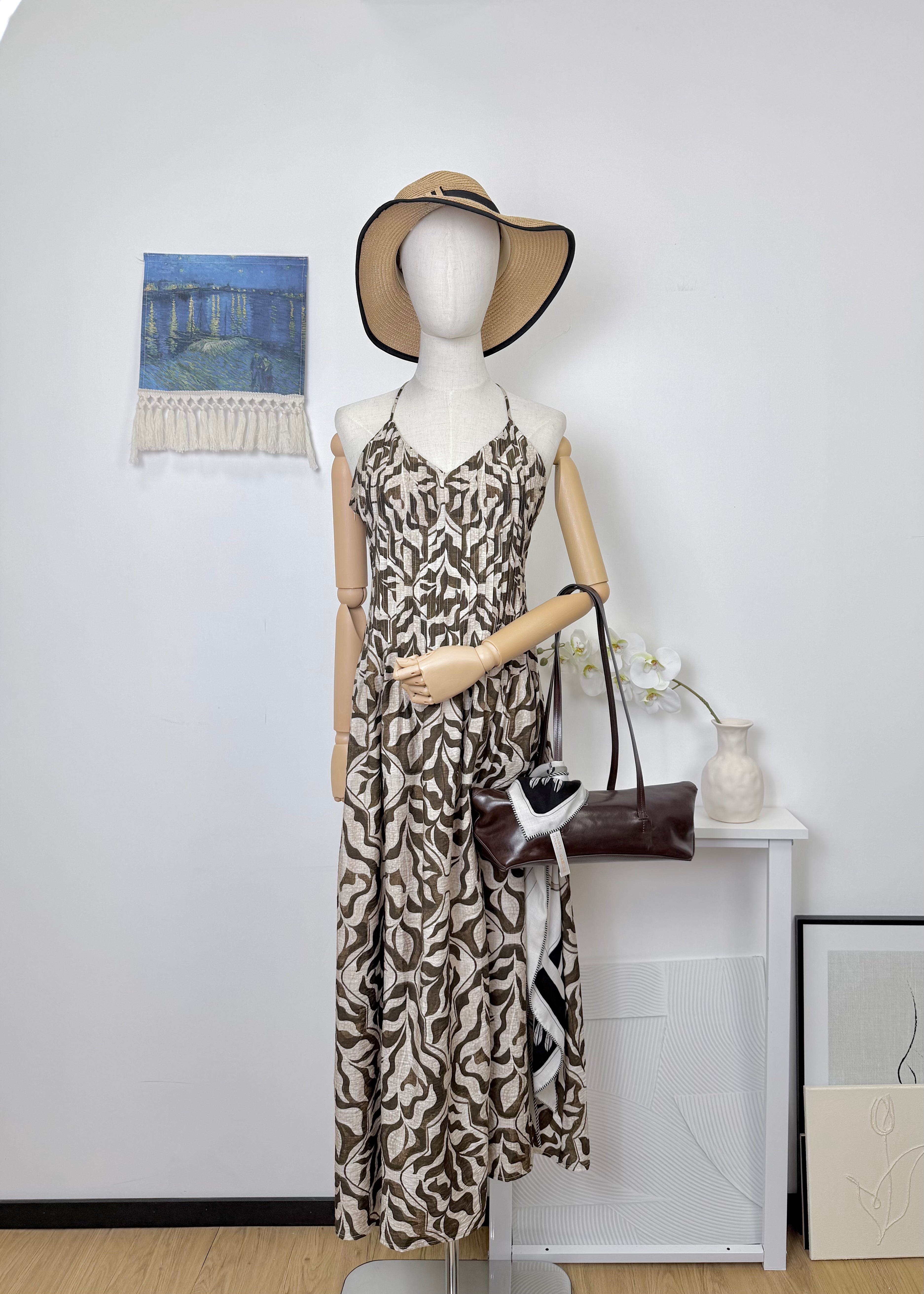 V-Neck Halter Back Tie Printed Slip Maxi Dress