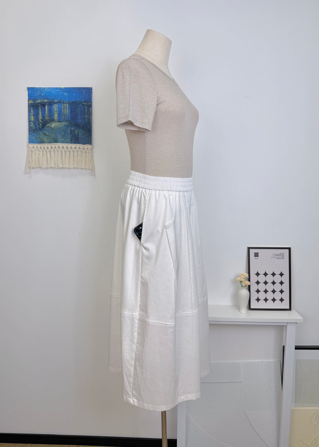 Full Elastic Waist Pocket A-Line Midi Skirt