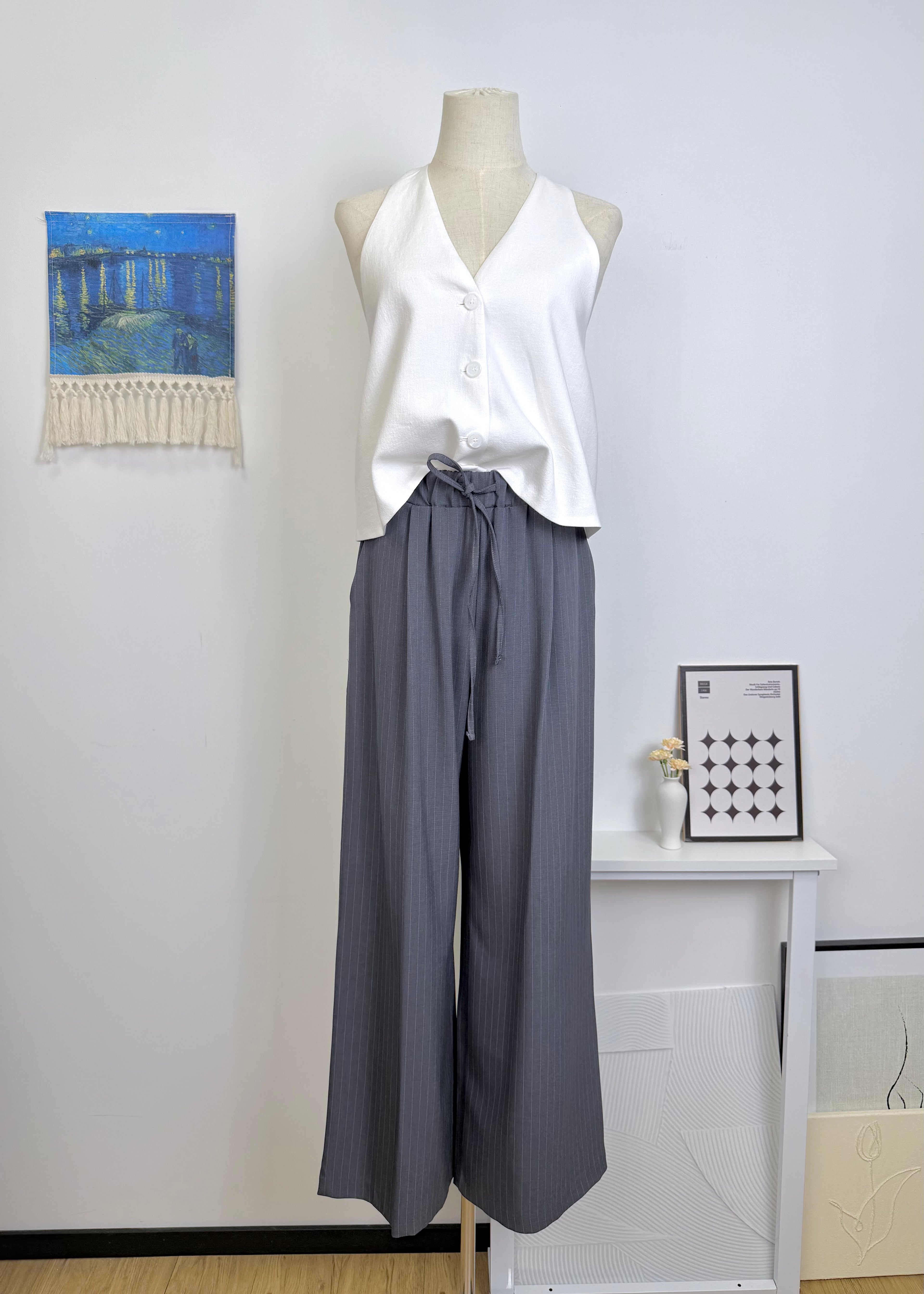 Vertical Stripe Drawstring Elastic Wide Leg Suit Pants