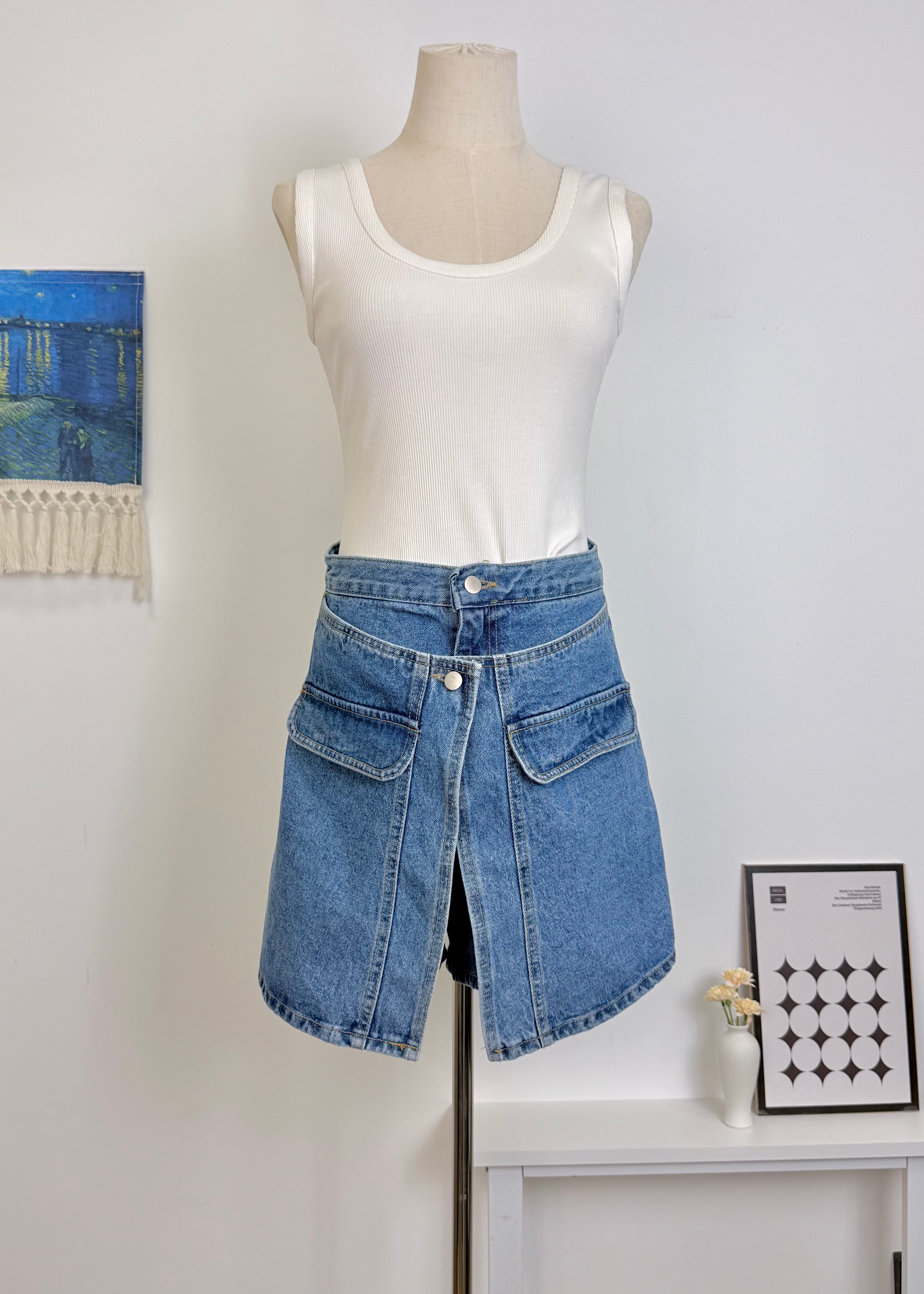 Dual Pocket Fake Two-Piece Denim Skort