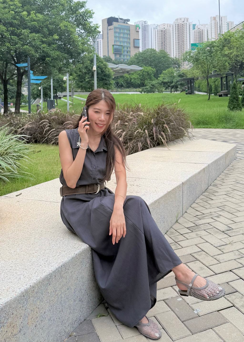 Collared Pleated Maxi Dress with Belt