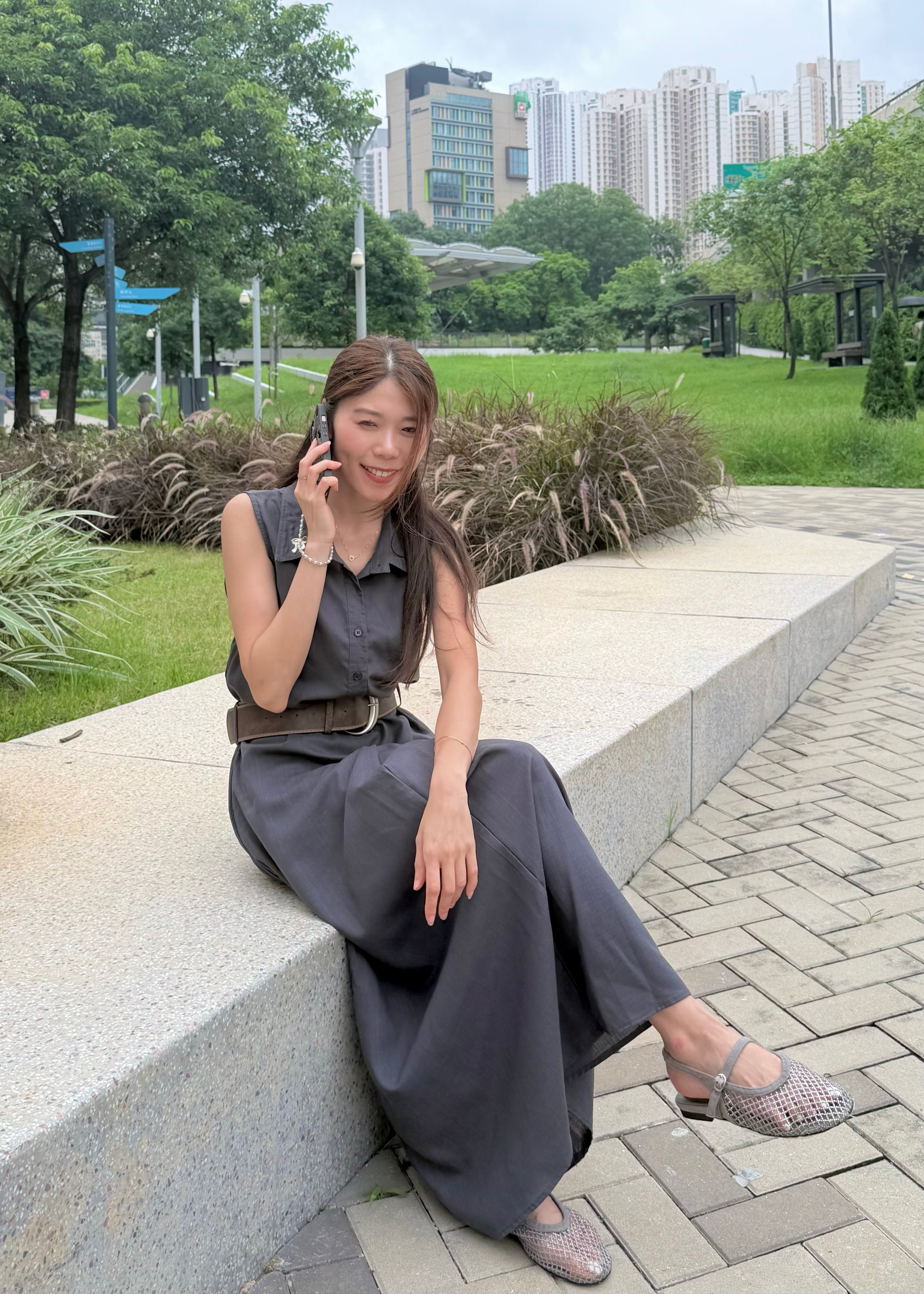 Collared Pleated Maxi Dress with Belt