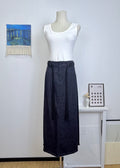 Woven Belt Raw Edge Denim Straight Midi Skirt