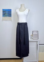 Woven Belt Raw Edge Denim Straight Midi Skirt