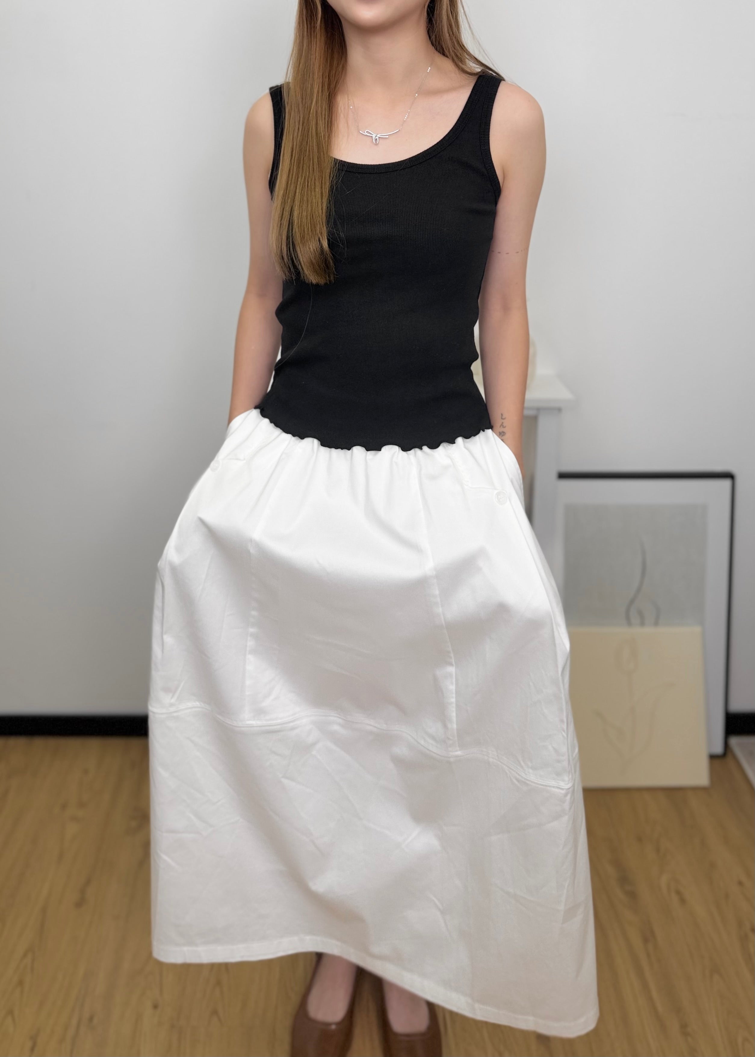 Full Elastic Waist Pocket A-Line Midi Skirt