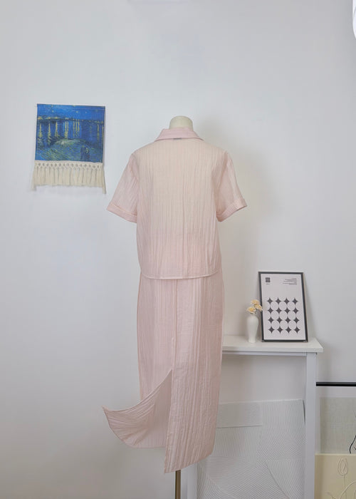 Crinkle Texture Sleeve Shirt & Slit Maxi Dress Set