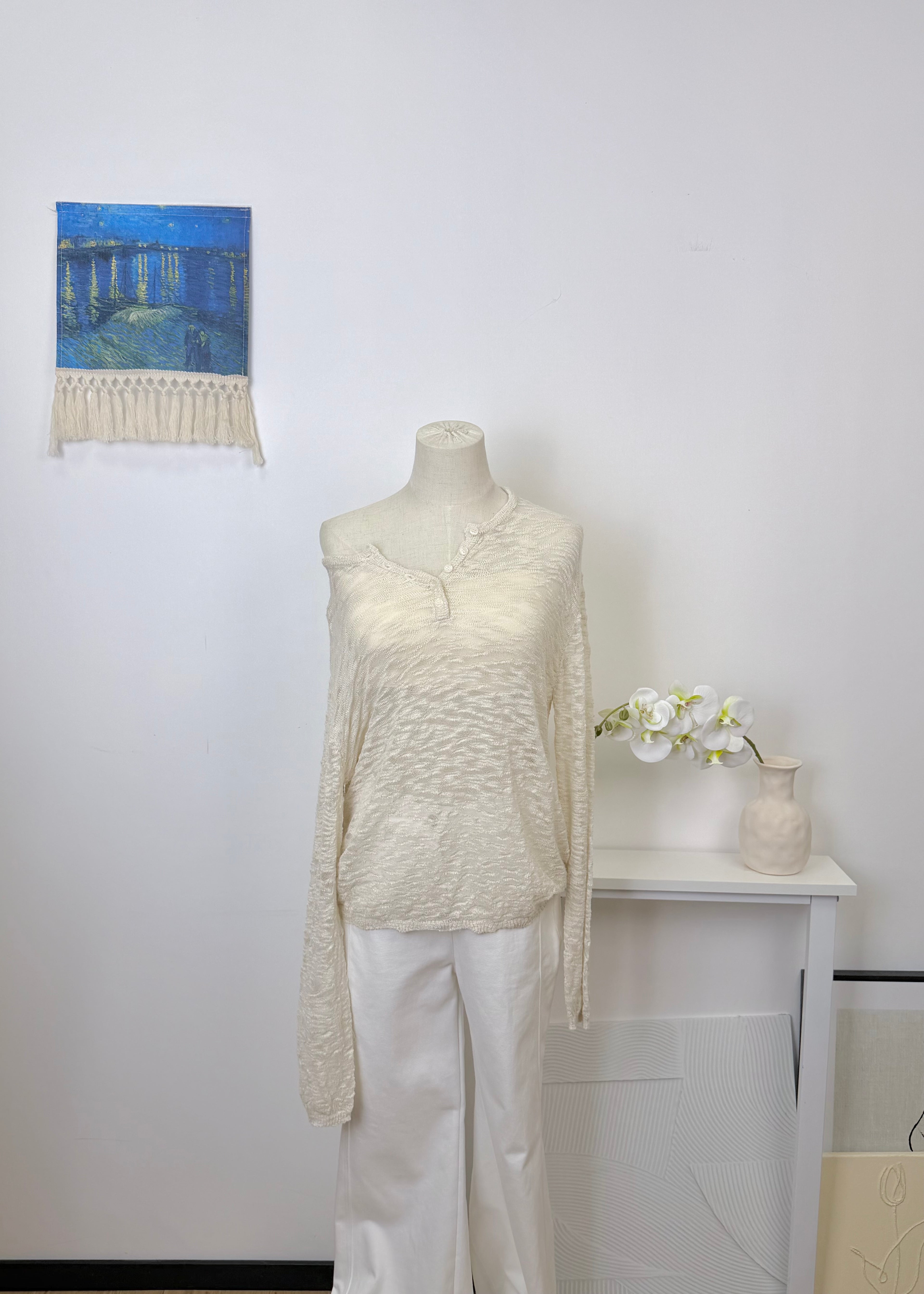 Crinkle Sheer Knit Long Sleeve Top