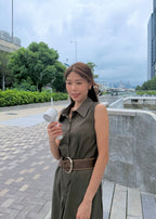 Collared Pleated Maxi Dress with Belt