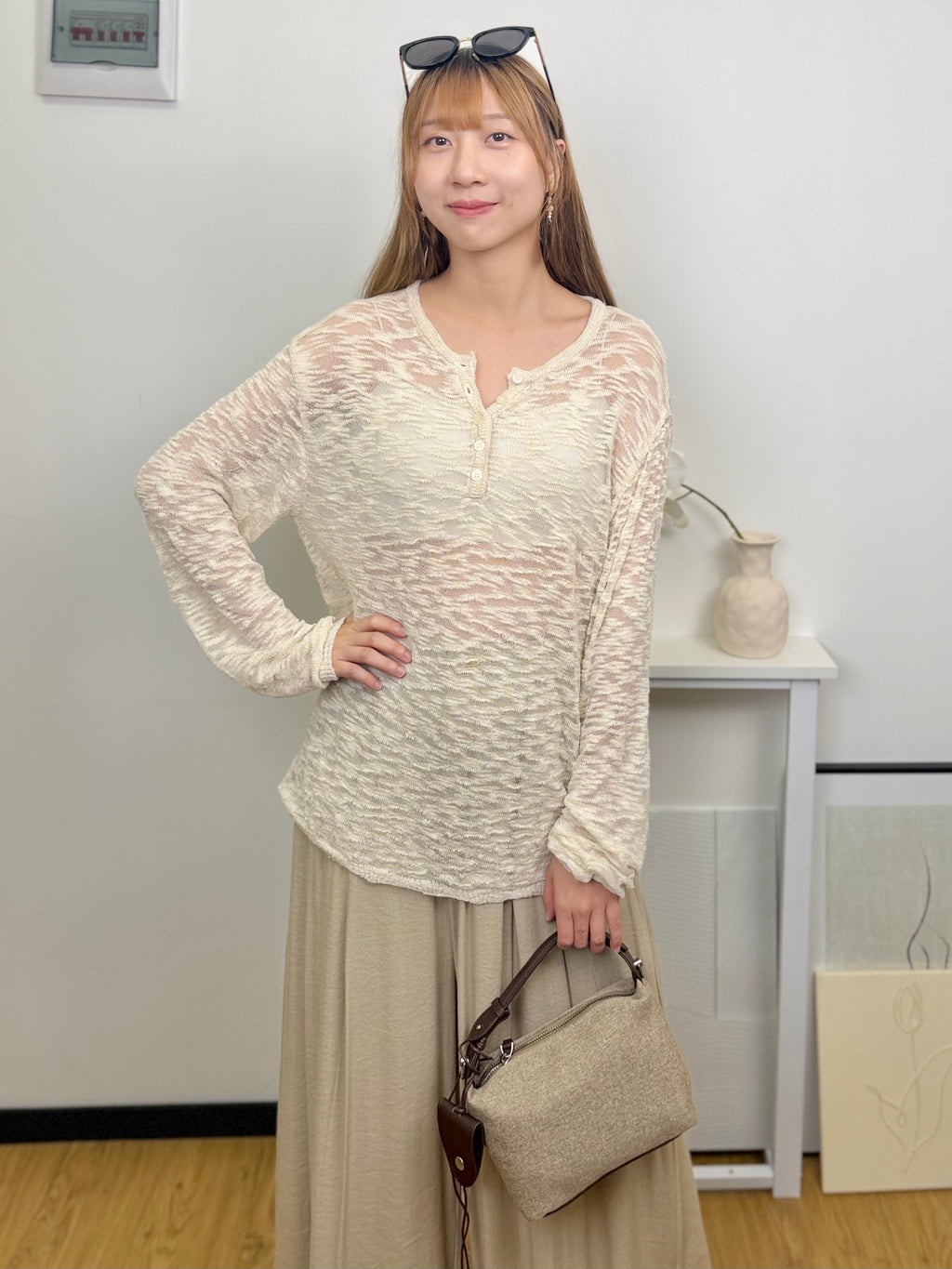 Crinkle Sheer Knit Long Sleeve Top