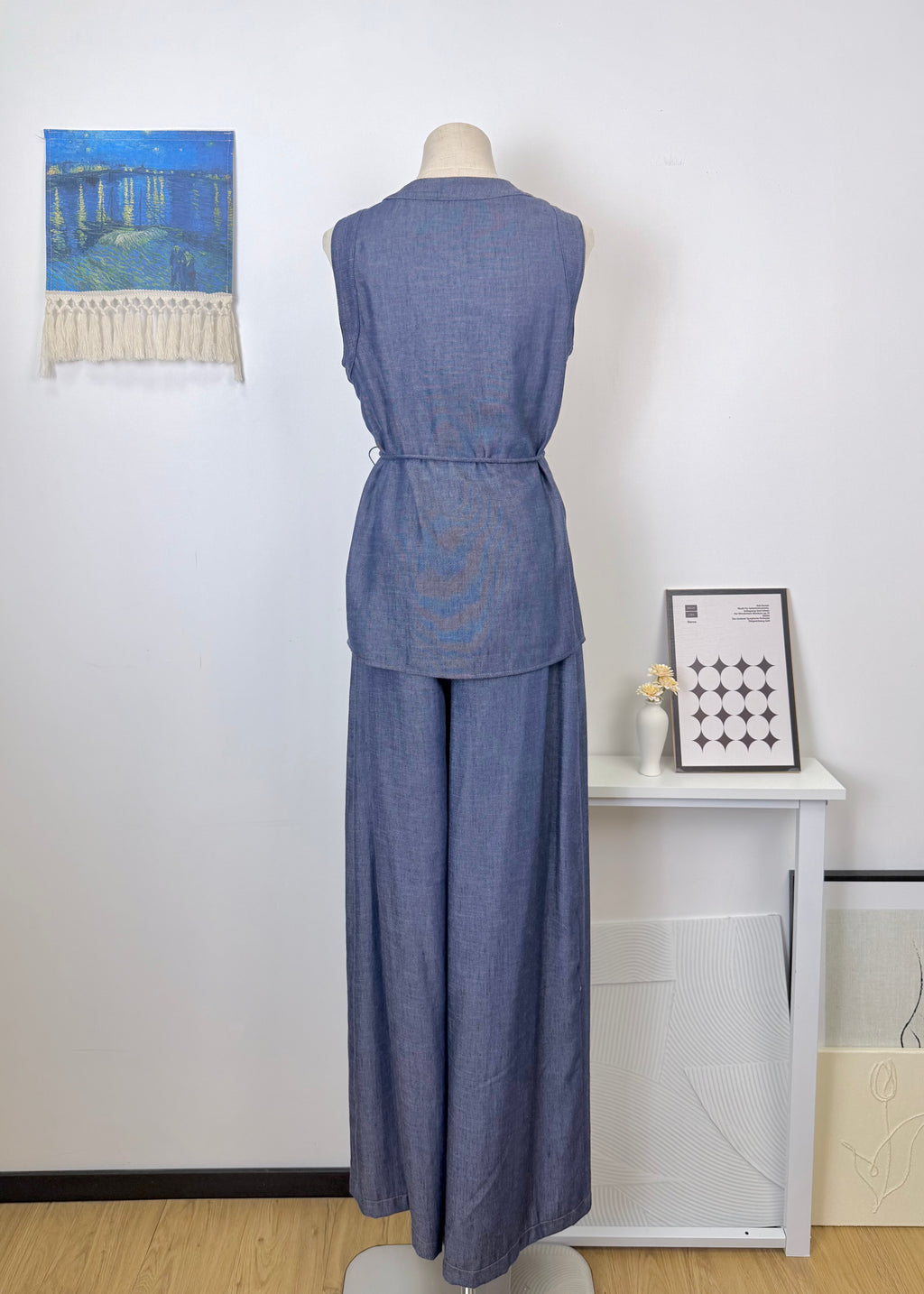 Cotton-linen sleeveless V-neck tie-front irregular top + wide-leg pants set
