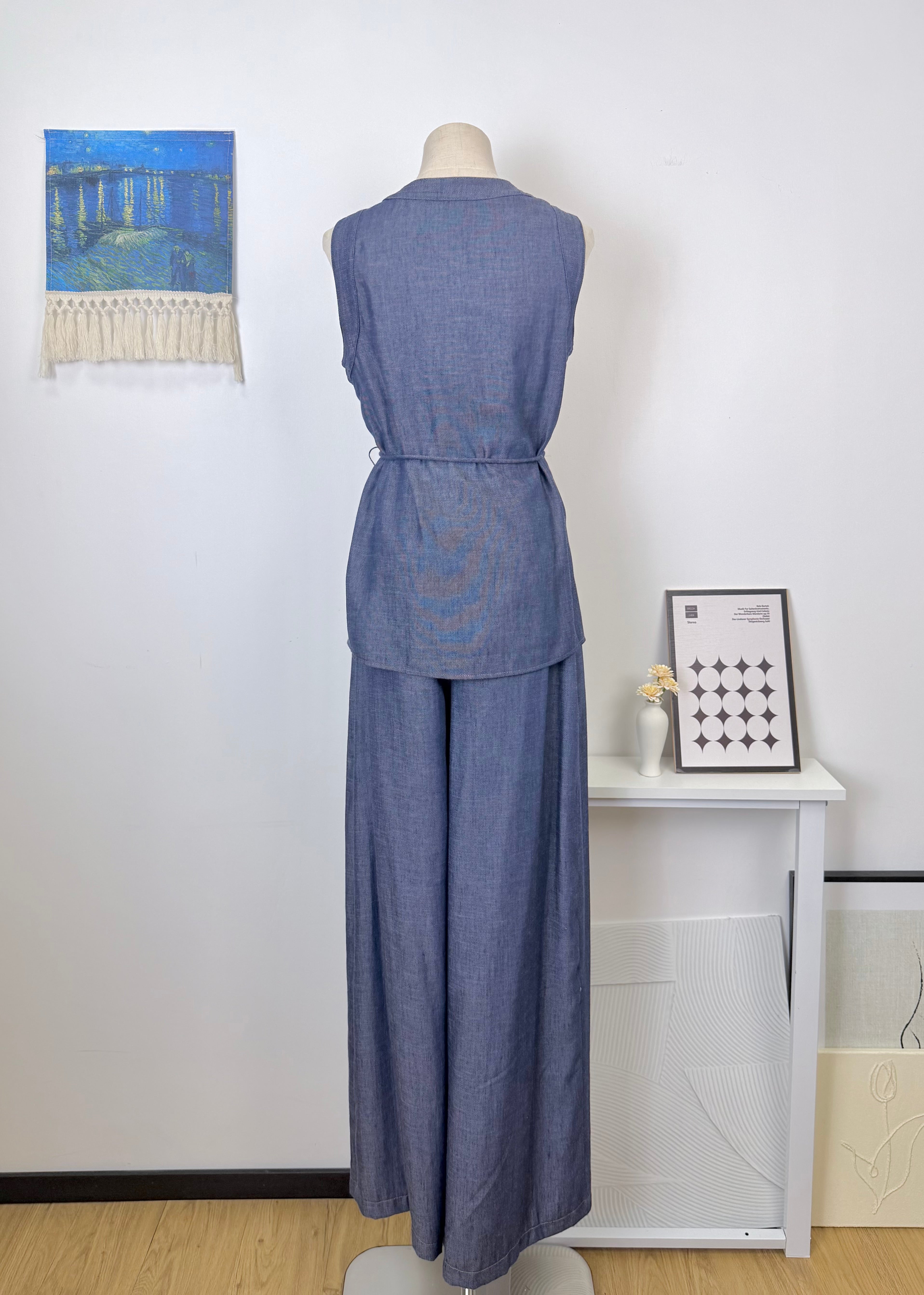 Cotton-linen sleeveless V-neck tie-front irregular top + wide-leg pants set