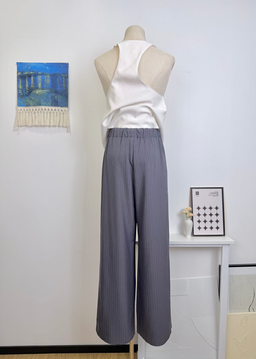 Vertical Stripe Drawstring Elastic Wide Leg Suit Pants
