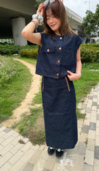 Oversized Crop Denim Top & Slit Midi Skirt Set